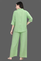 Velure Green Palazzo Co-ord Set - Velure - Shirt and Pant - 3/4 Sleeves, Collar Neck, Front Button Open, Full Length Pant, Linen