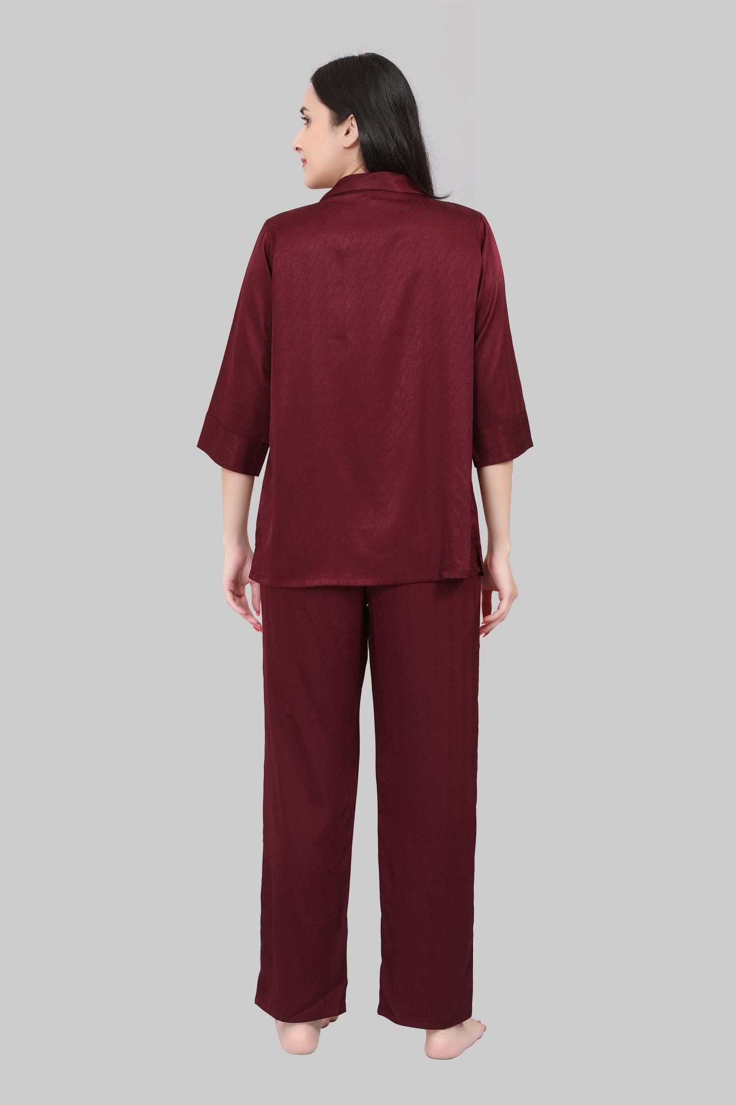 Velure Casual Maroon Satin Night Suit - Velure - Shirt and Pant - 3/4 Sleeves, Collar Neck, Front Button Open, Full Length Pant, Satin