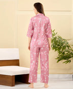 Velure Chic Flotal Print Satin Night Suit - Velure - - 3/4 Sleeves, Collar Neck, Floral Print, Front Button Open, Full Length Pant, Satin