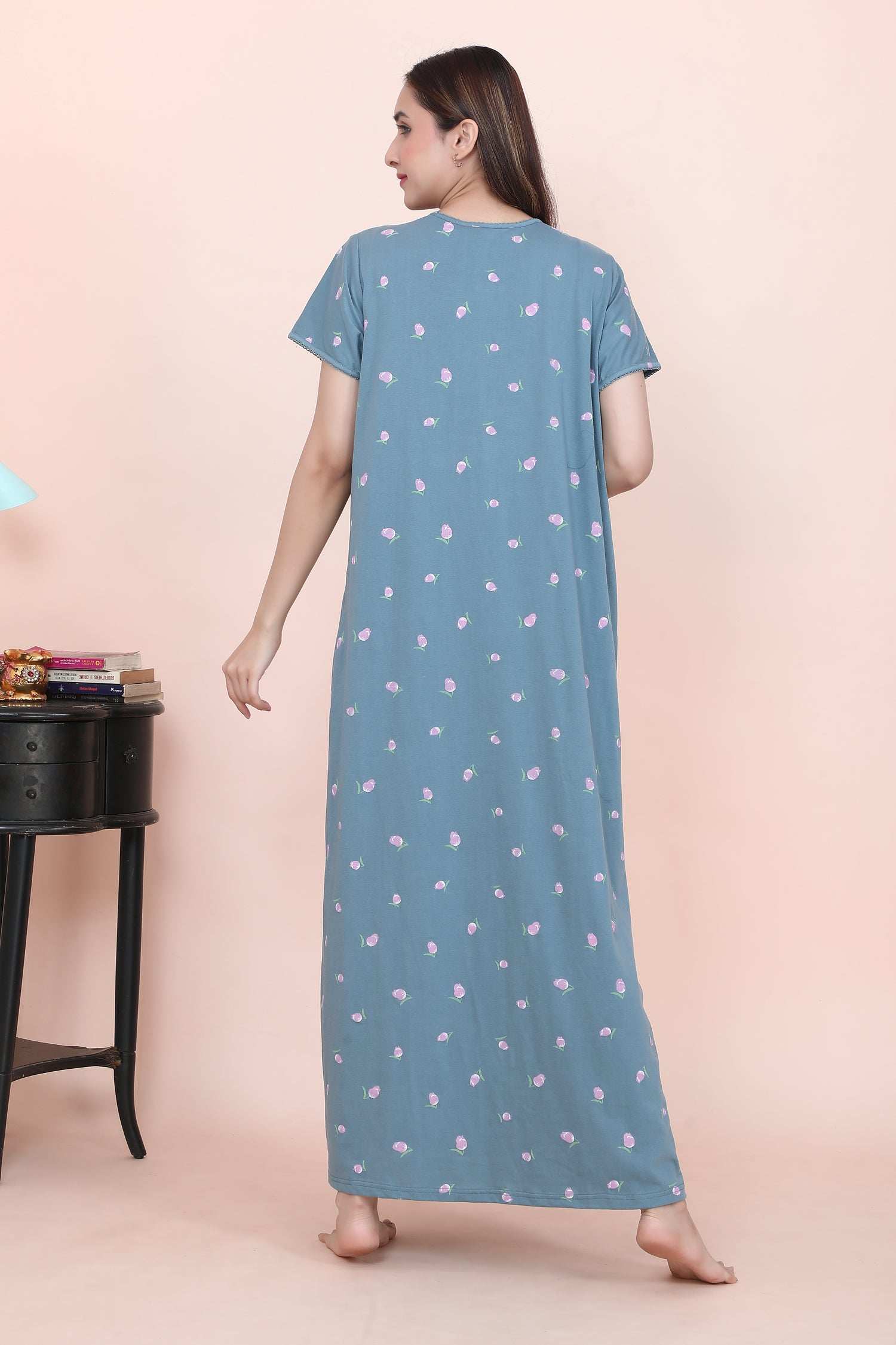 Velure Pleasing Floral Print Hosiery Nighty - Velure - - Floral Print, Full Length Nighty, Gathering Effect, Half Sleeves Nighty, Hosiery Cotton