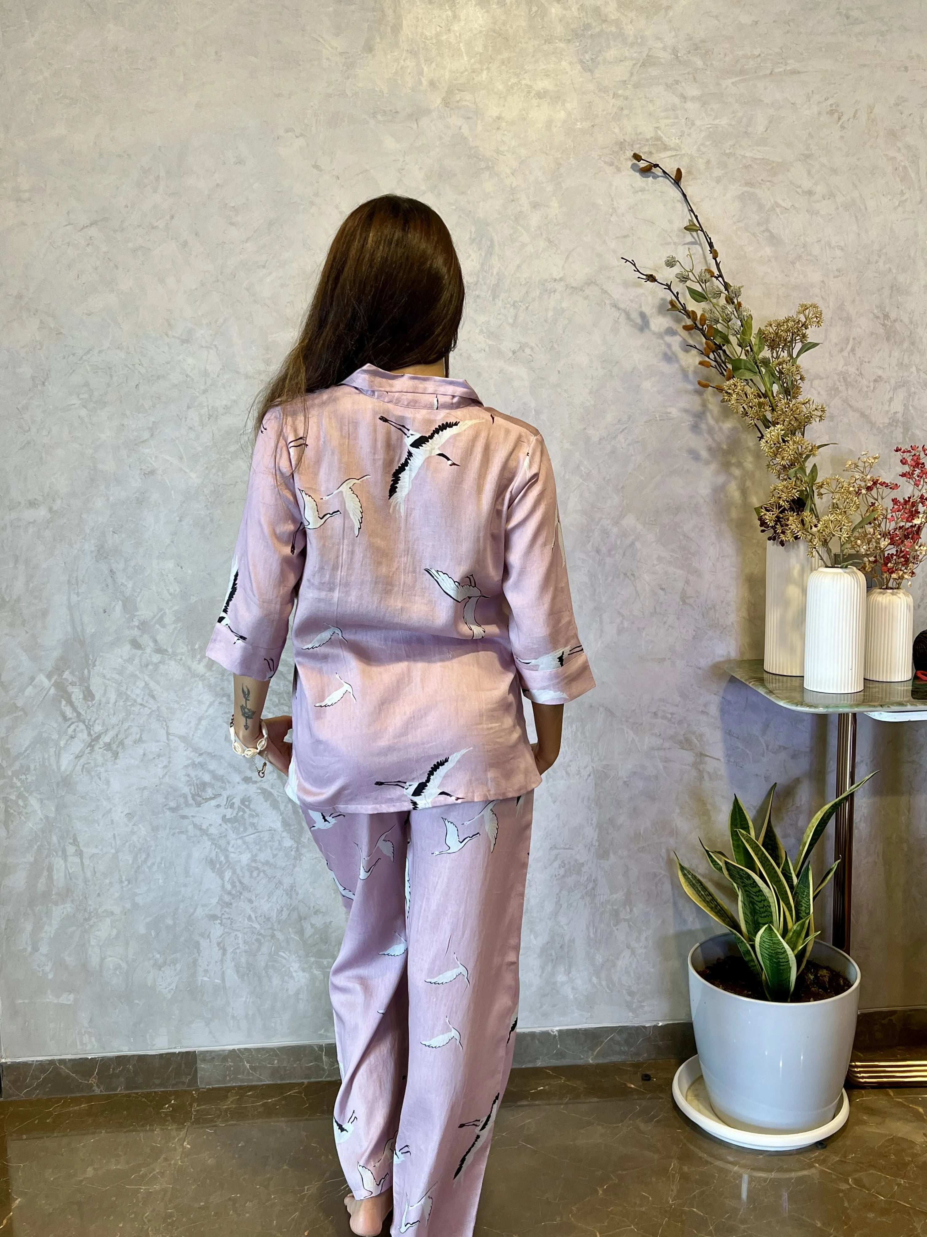 Velure Pink Swan Cotton Night Suit - Velure - - 3/4 Sleeves, Collar Neck, Cotton, Front Button Open, Full Length Pant, Printed