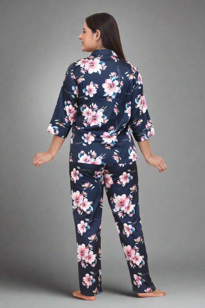 Velure Pleasing Floral Print Satin Night Suit - Velure - - 3/4 Sleeves, Collar Neck, Floral Print, Front Button Open, Full Length Pant, Satin