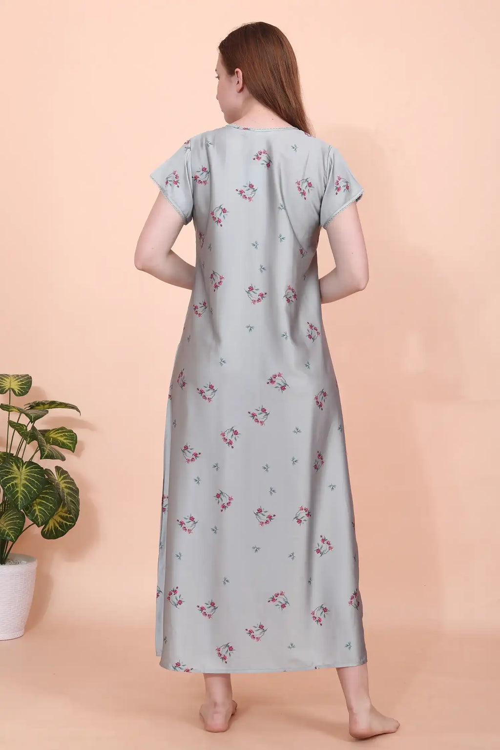 Velure Glossy Grey Floral Satin Nighty