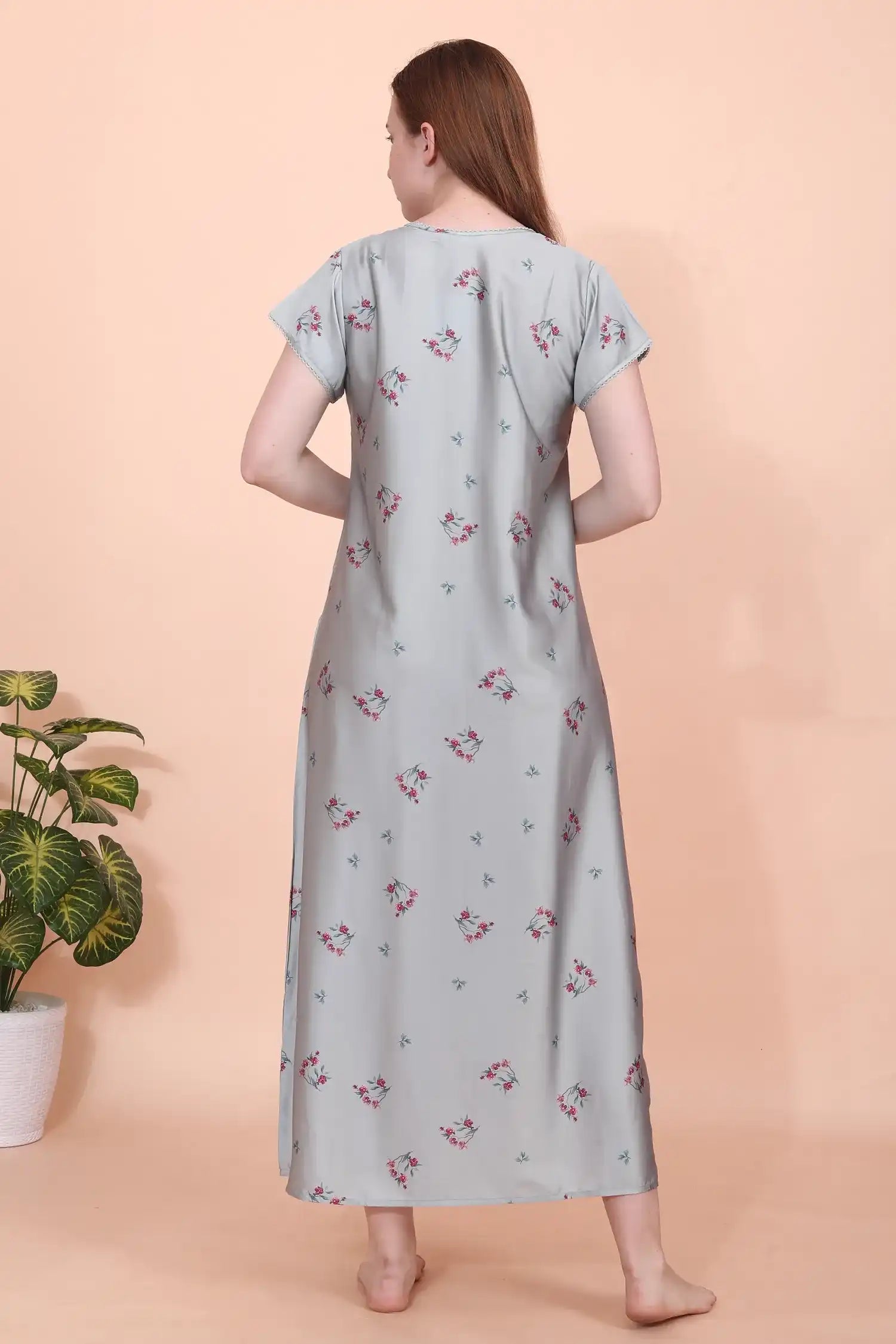 Velure Glossy Grey Floral Satin Nighty