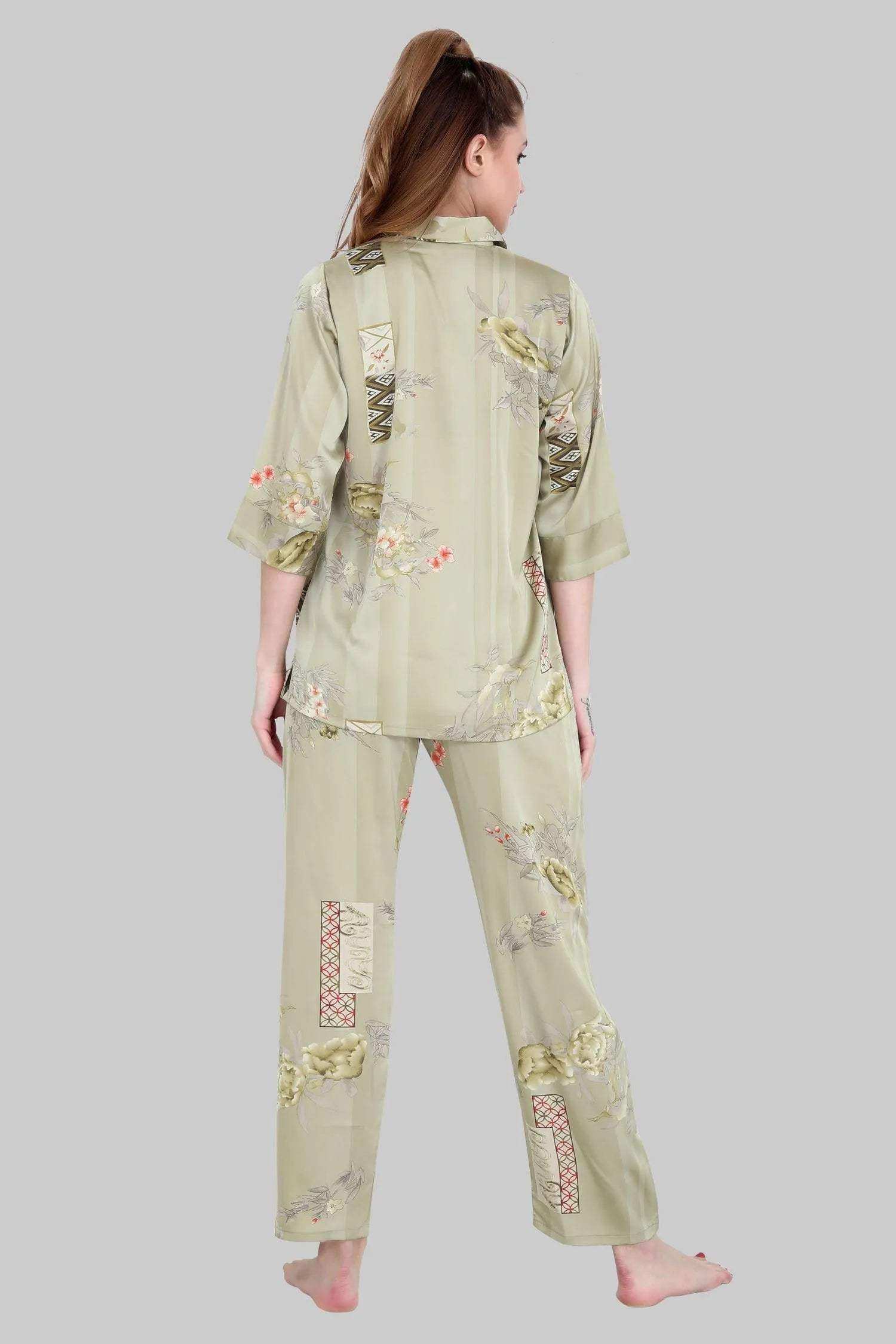 Velure Embellished Floral Print Satin Night Suit - Velure - - 3/4 Sleeves, Collar Neck, Floral Print, Front Button Open, Full Length Pant