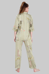 Velure Embellished Floral Print Satin Night Suit - Velure, Shirt and Pant, A perfect balance of style and comfort, this mint-green floral night suit from Velure will be a great addition to your wardrobe. Tailored to perfection from premium satin fabric, it assures a soft and soothing touch against the skin. The satin collar adds a touch of elegance and sophistication to the overall look.