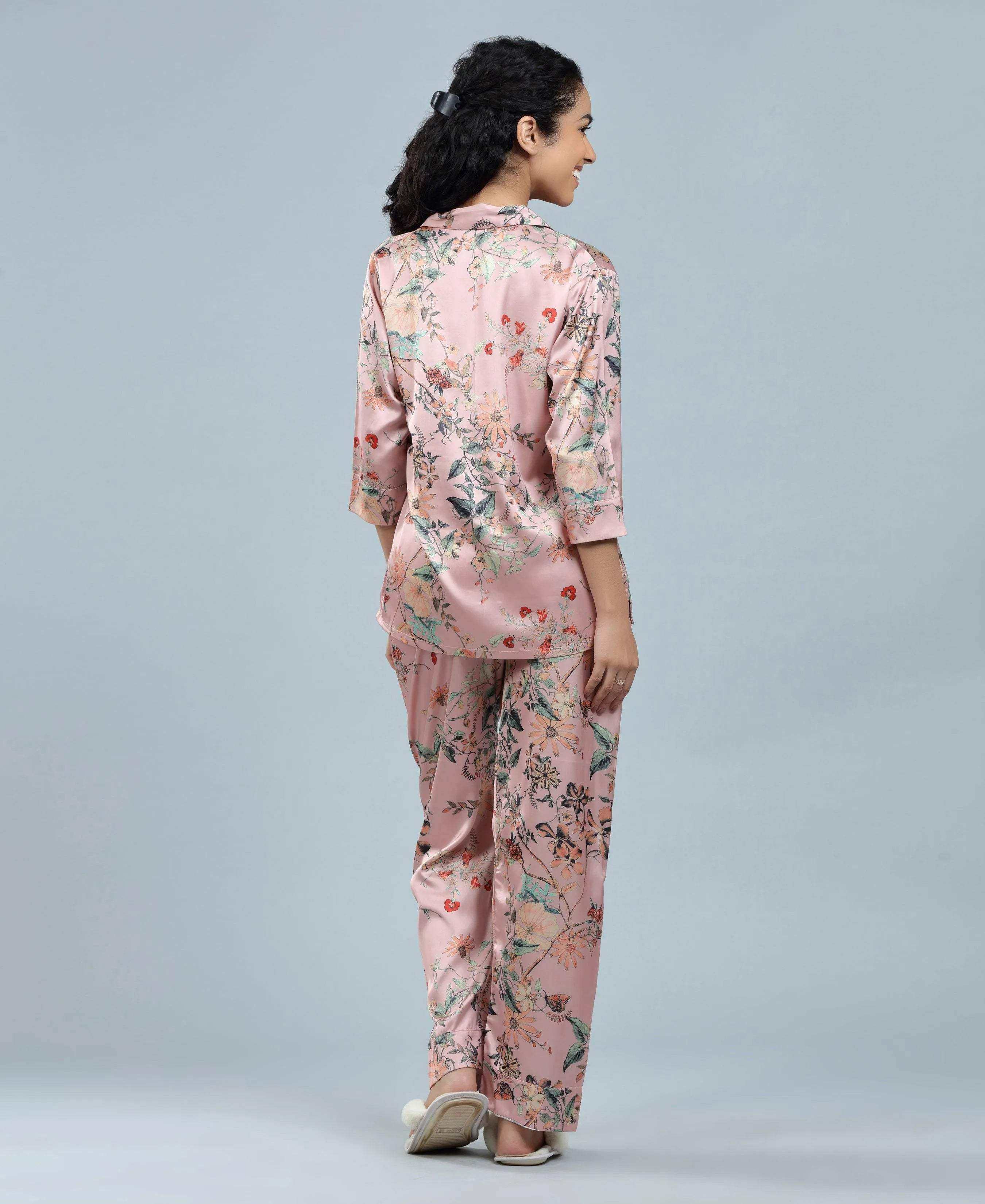 Velure Floral Print Satin Night Suit - Velure - - 3/4 Sleeves, Collar Neck, Floral Print, Front Button Open, Full Length Pant, Satin
