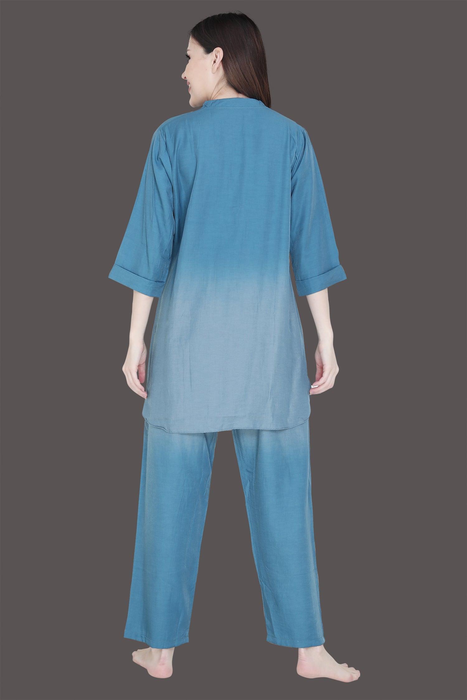 Velure Delightful Teal-Blue Dual Shade Kurti Style Night Suit - Velure - Long Top and Pant - 3/4 Sleeves, Collar Neck, Cotton, Front Button Open, Full Length Pant