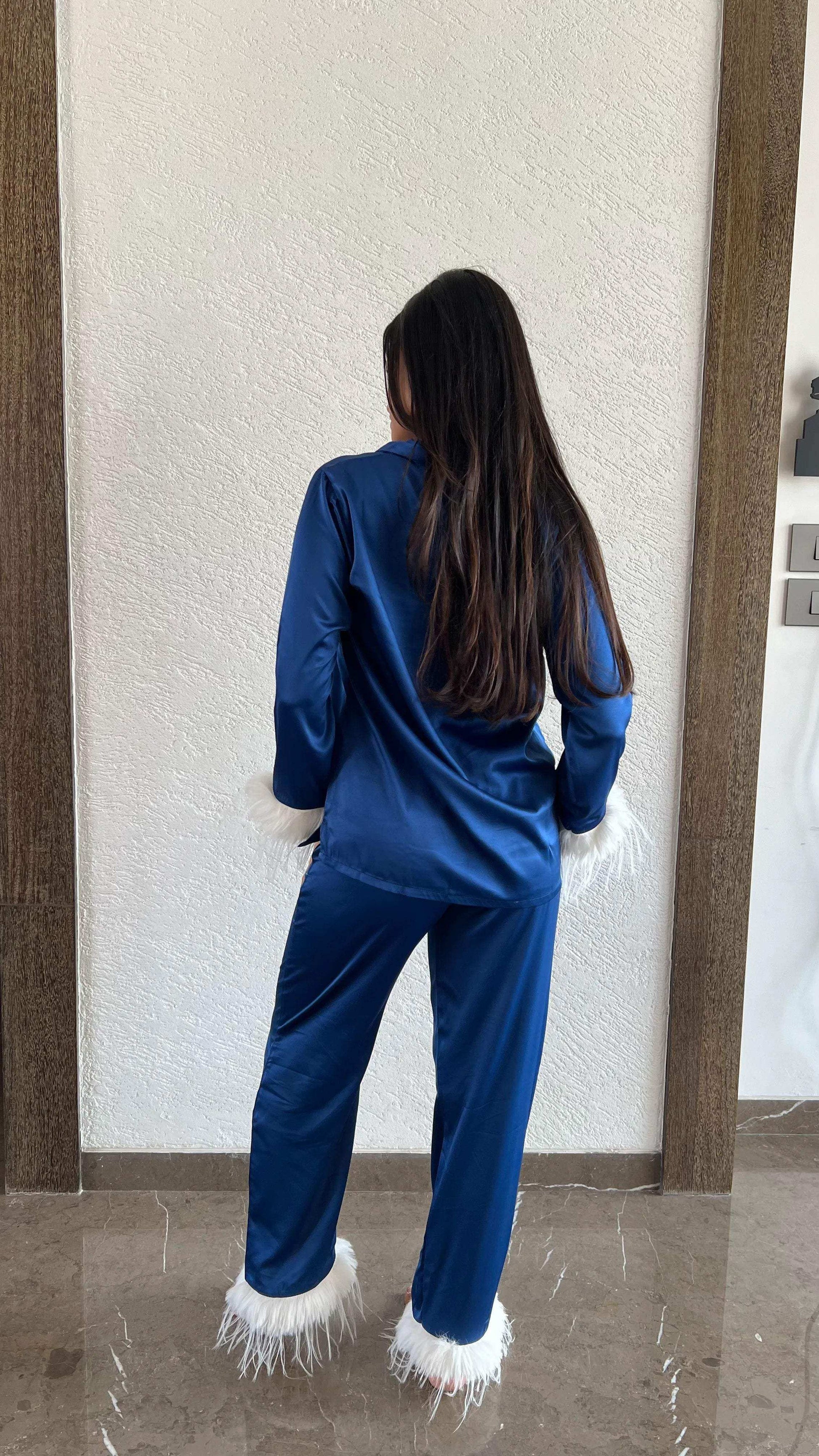 Velure Luxurious Royal Blue Fur Night Suit - Velure - - Collar Neck, Front Button Open, Full Length Pant, Full Sleeves, Fur, Satin