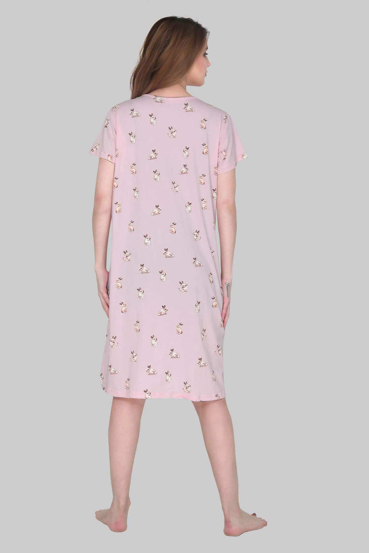 Velure Cute Bunny Print Short Nighty - Velure - - Cotton, Half Sleeves, Knee Length, Printed, Round neck
