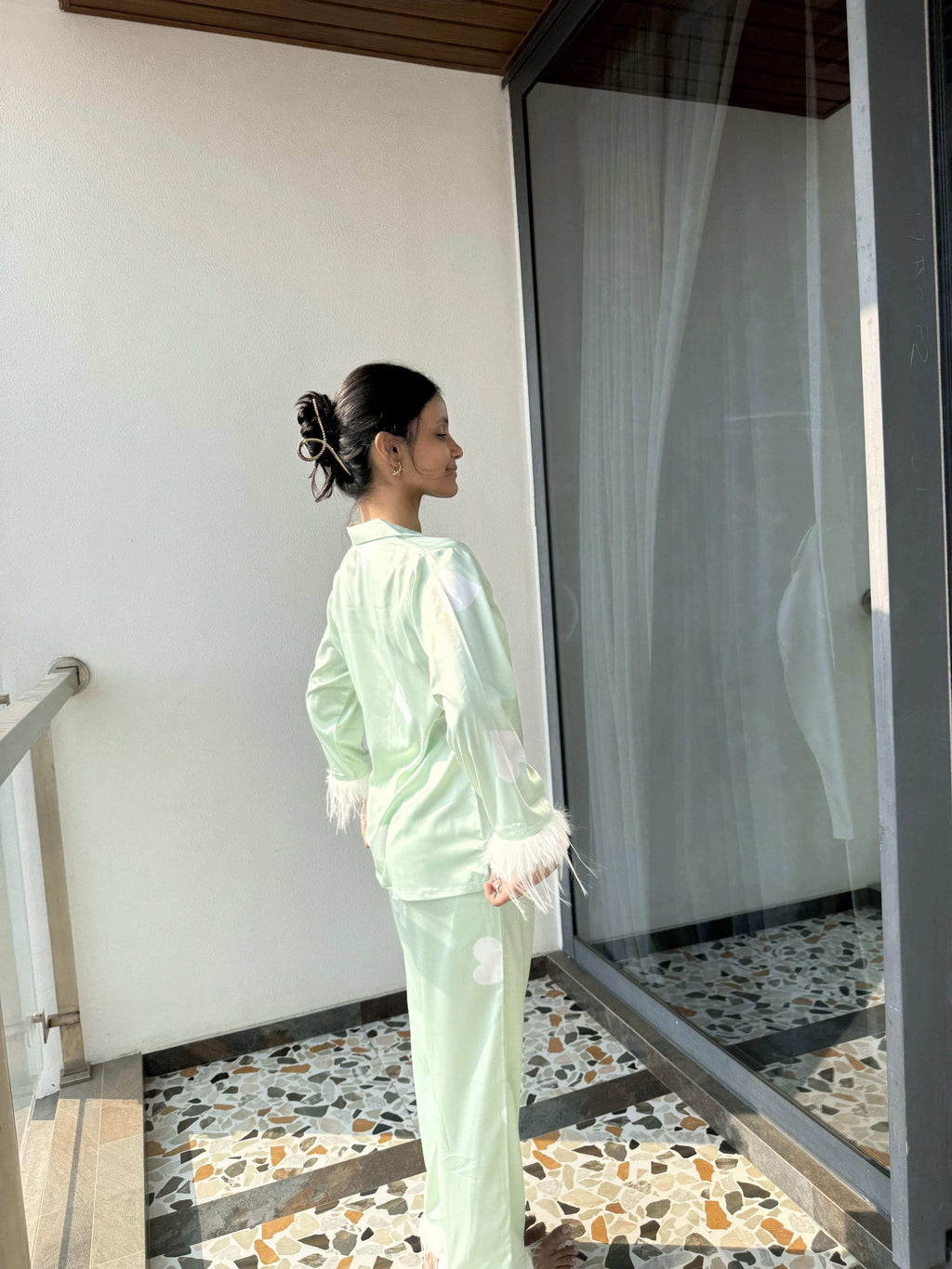 Velure Adorable Green Heart Printed Satin Fur Night Suit - Velure - Shirt and Pant - Detail-printedfur, Front Button Open, Full Length Pant, Fur, Satin