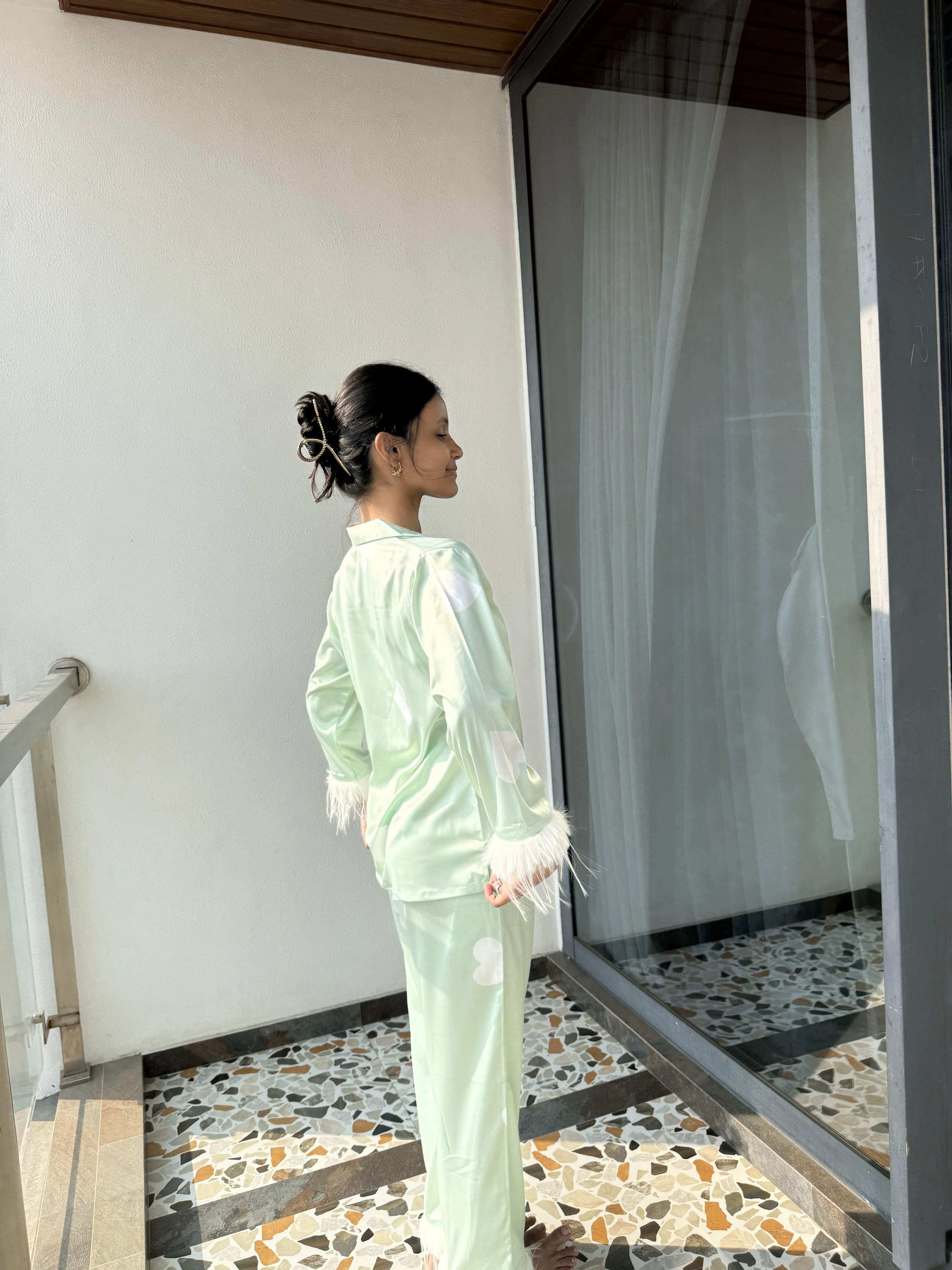 Velure Adorable Green Heart Printed Satin Fur Night Suit - Velure - Shirt and Pant - Detail-printedfur, Front Button Open, Full Length Pant, Fur, Satin