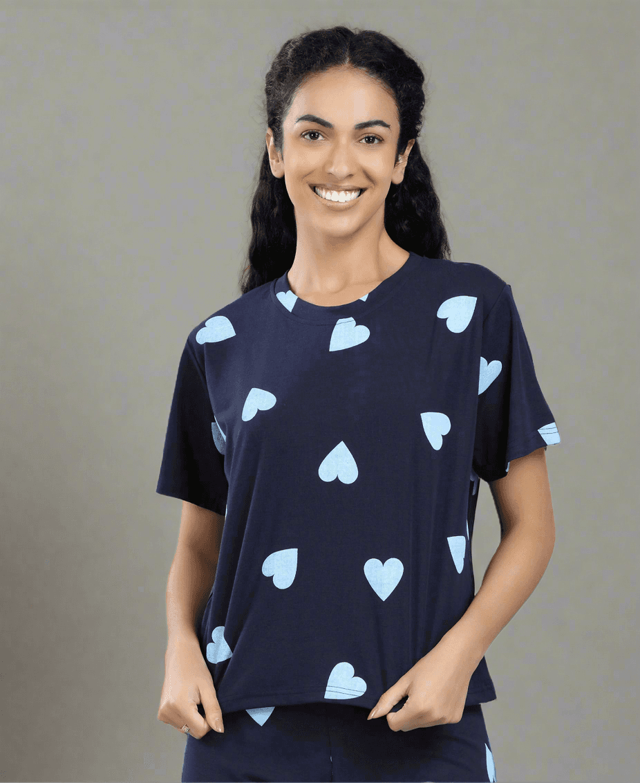 Velure Adorable Heart Print Palazzo Night Suit - Velure - - Full Length Pant, Half Sleeves, Round neck nightsuit