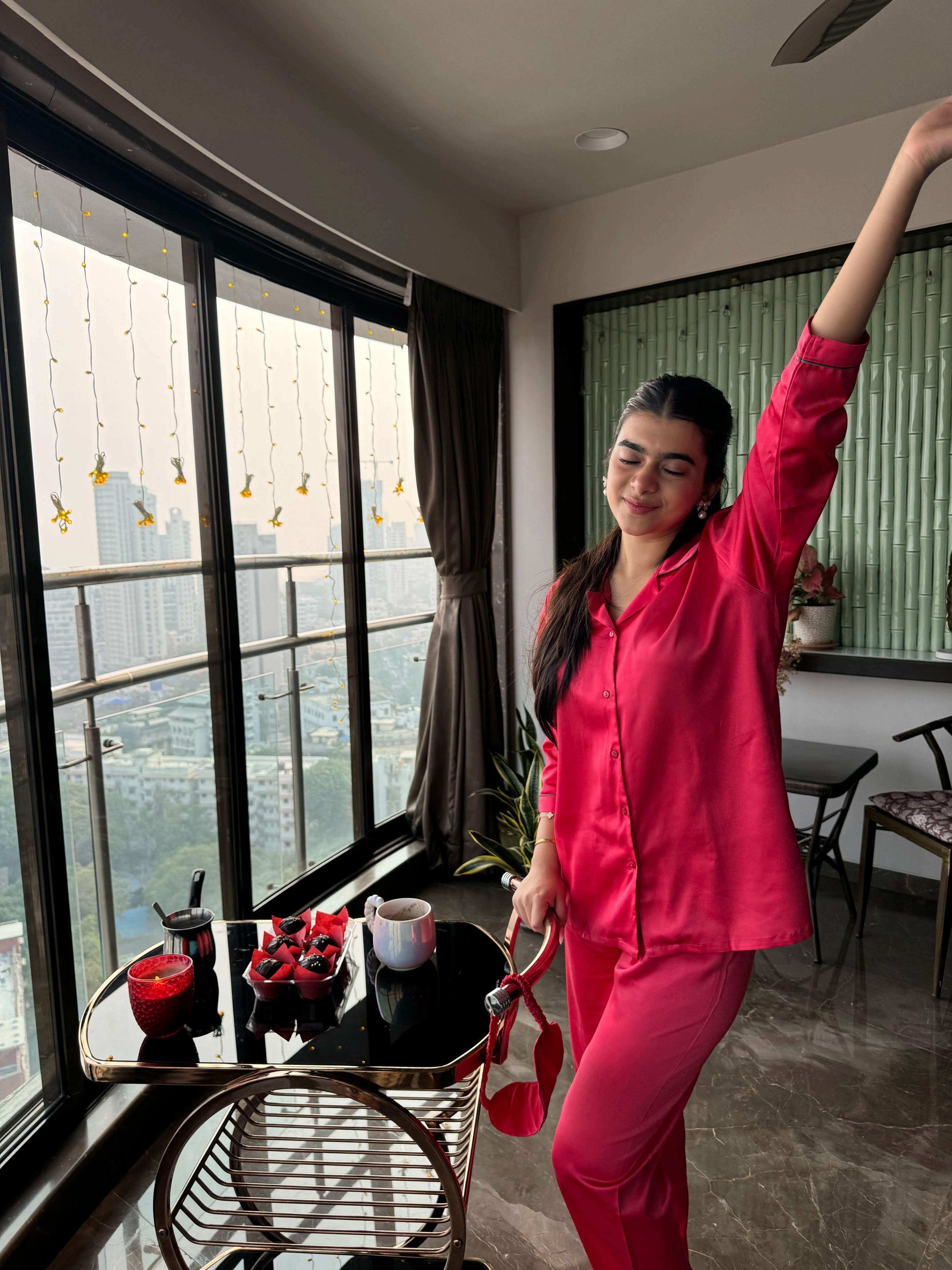 Velure Flerry Red Satin Night Suit - Velure - Shirt and Pant - 3/4 Sleeves, Collar Neck, Eye Mask, Front Button Open, Full Length Pant, Satin