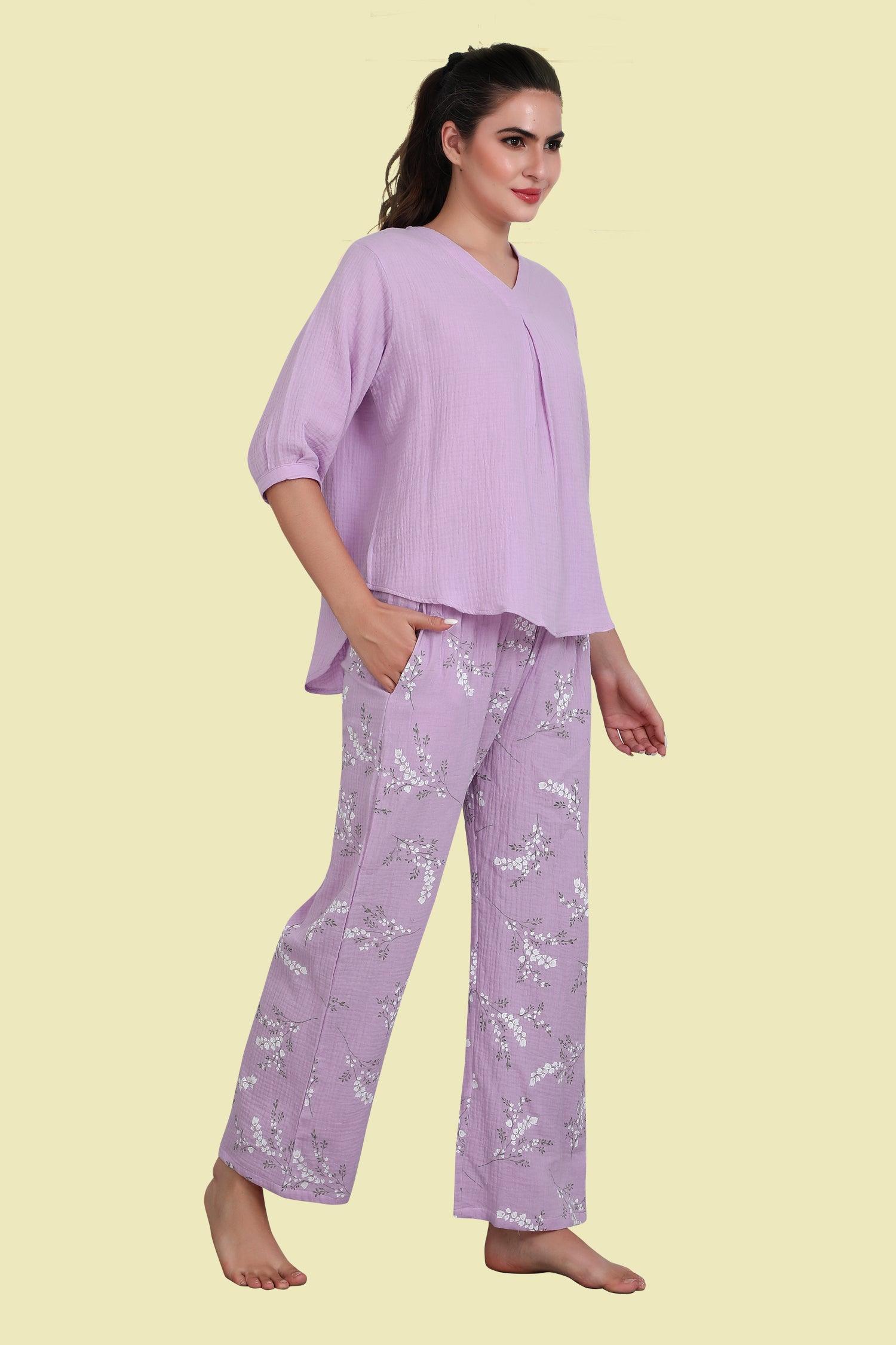 Velure Purple Floral Print Night Suit - Velure - Long Top and Pant - 3/4 Sleeves, Floral Print, Full Length Pant, Linen