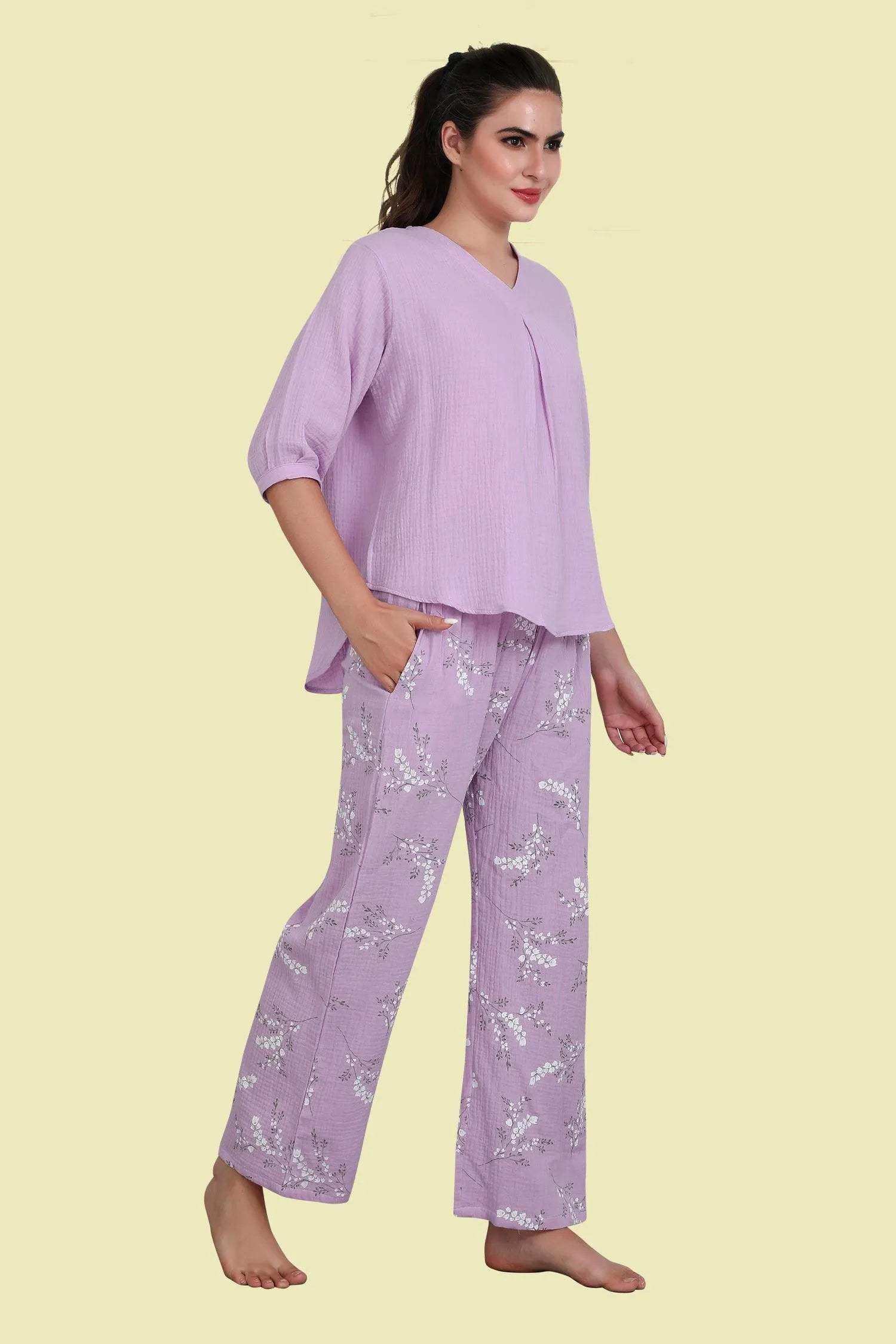 Velure Purple Floral Print Night Suit - Velure - - 3/4 Sleeves, Floral Print, Full Length Pant, Linen