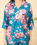 Velure Stunning Floral Print Satin Night Suit - Velure - - 3/4 Sleeves, Collar Neck, Floral Print, Front Button Open, Full Length Pant, Satin