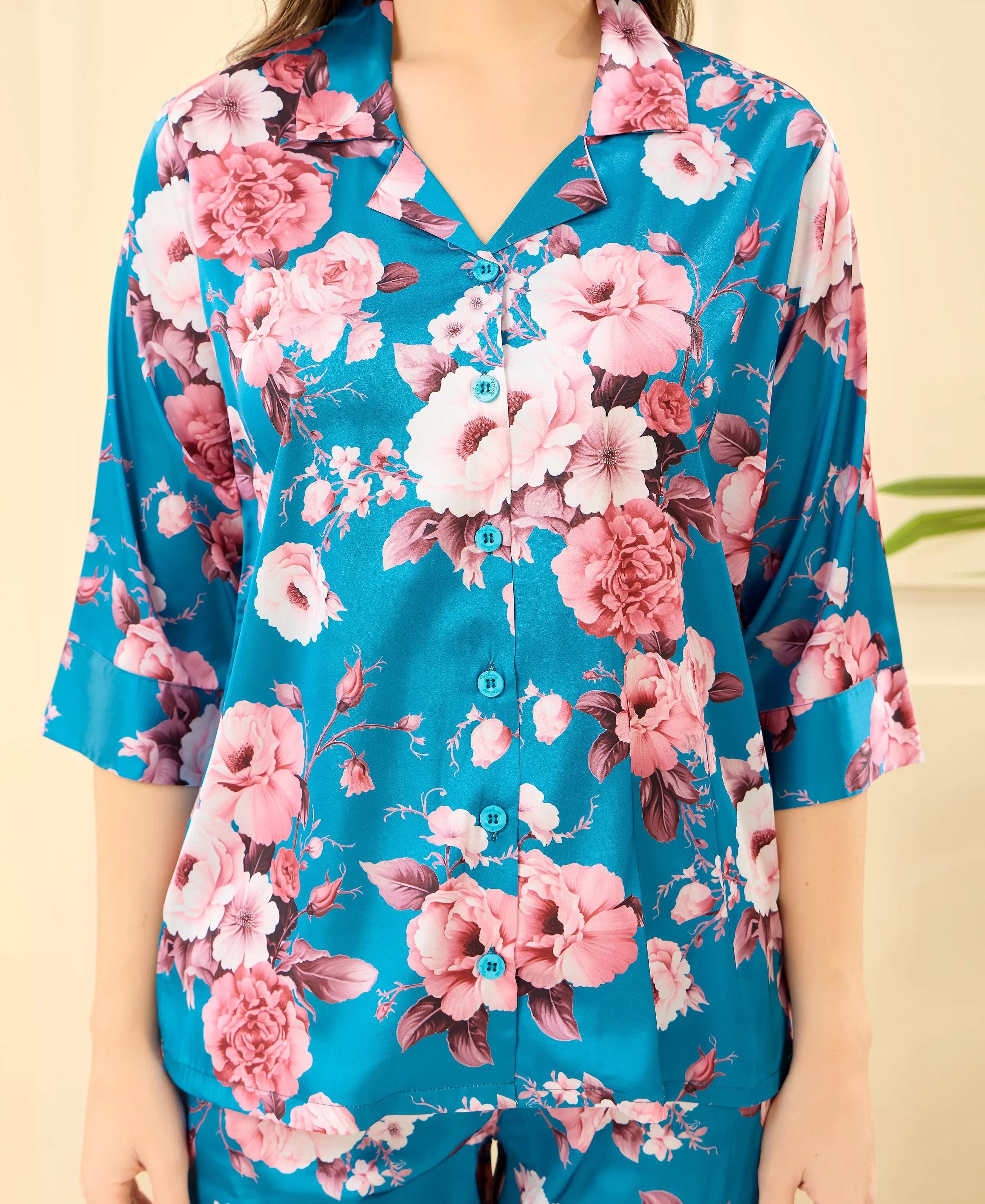 Velure Stunning Floral Print Satin Night Suit - Velure - - 3/4 Sleeves, Collar Neck, Floral Print, Front Button Open, Full Length Pant, Satin
