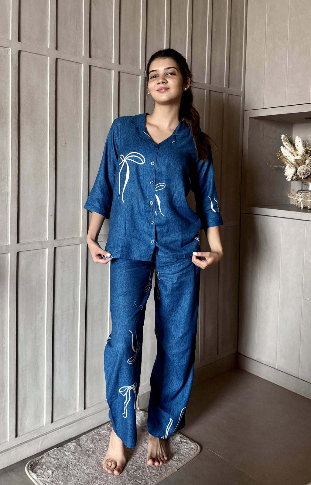 Velure Charming Bow Print Cotton Night Suit - Velure - - 3/4 Sleeves, Collar Neck, Cotton, Front Button Open, Full Length Pant