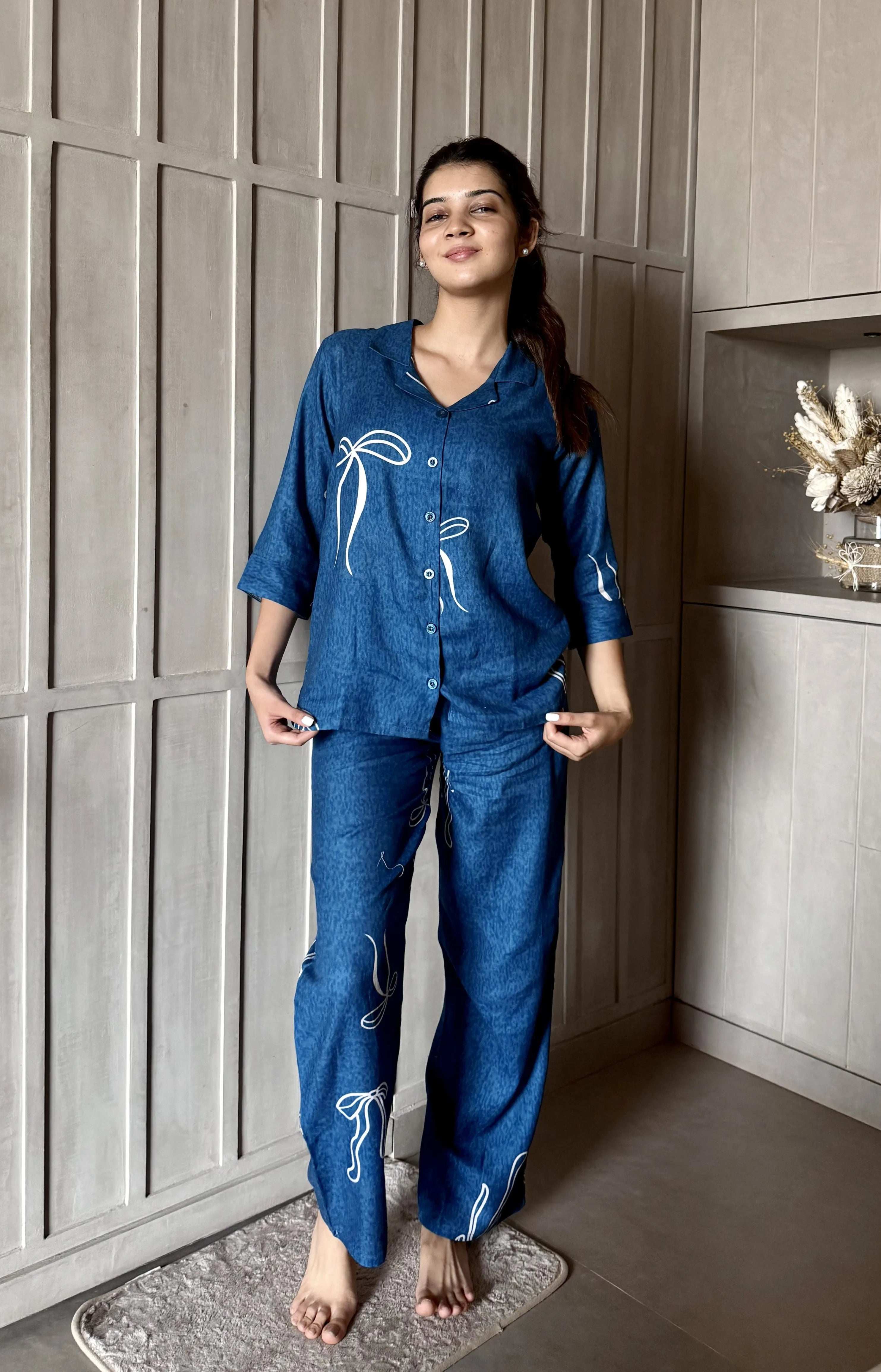 Velure Charming Bow Print Cotton Night Suit - Velure - - 3/4 Sleeves, Collar Neck, Cotton, Front Button Open, Full Length Pant