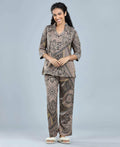 Velure Versatile Paisley Print Satin Night Suit - Velure - - 3/4 Sleeves, Abstract Print, Collar Neck, Front Button Open, Full Length Pant, Satin