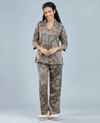 Velure Versatile Paisley Print Satin Night Suit - Velure - - 3/4 Sleeves, Abstract Print, Collar Neck, Front Button Open, Full Length Pant, Satin