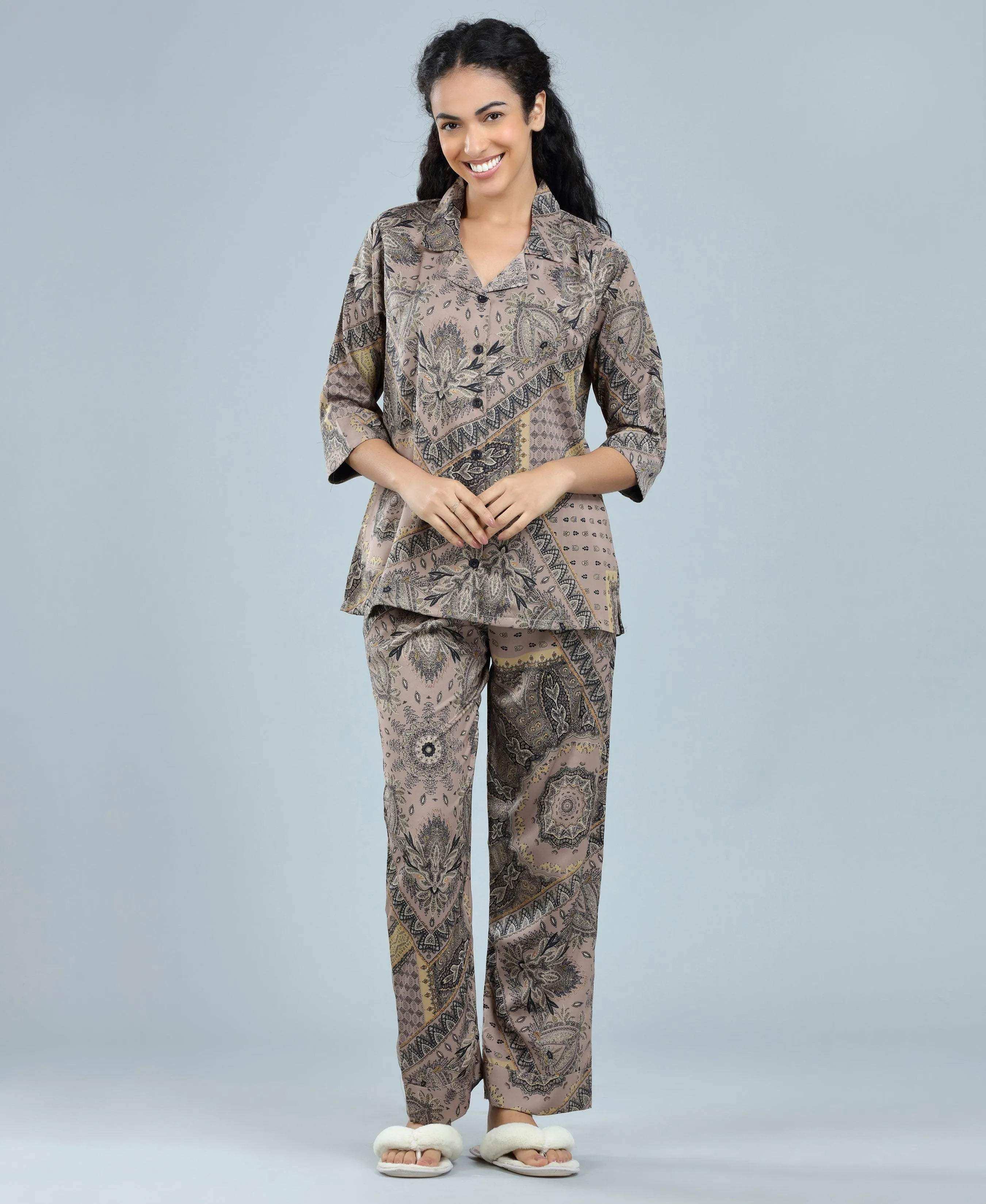 Velure Versatile Paisley Print Satin Night Suit - Velure - - 3/4 Sleeves, Abstract Print, Collar Neck, Front Button Open, Full Length Pant, Satin