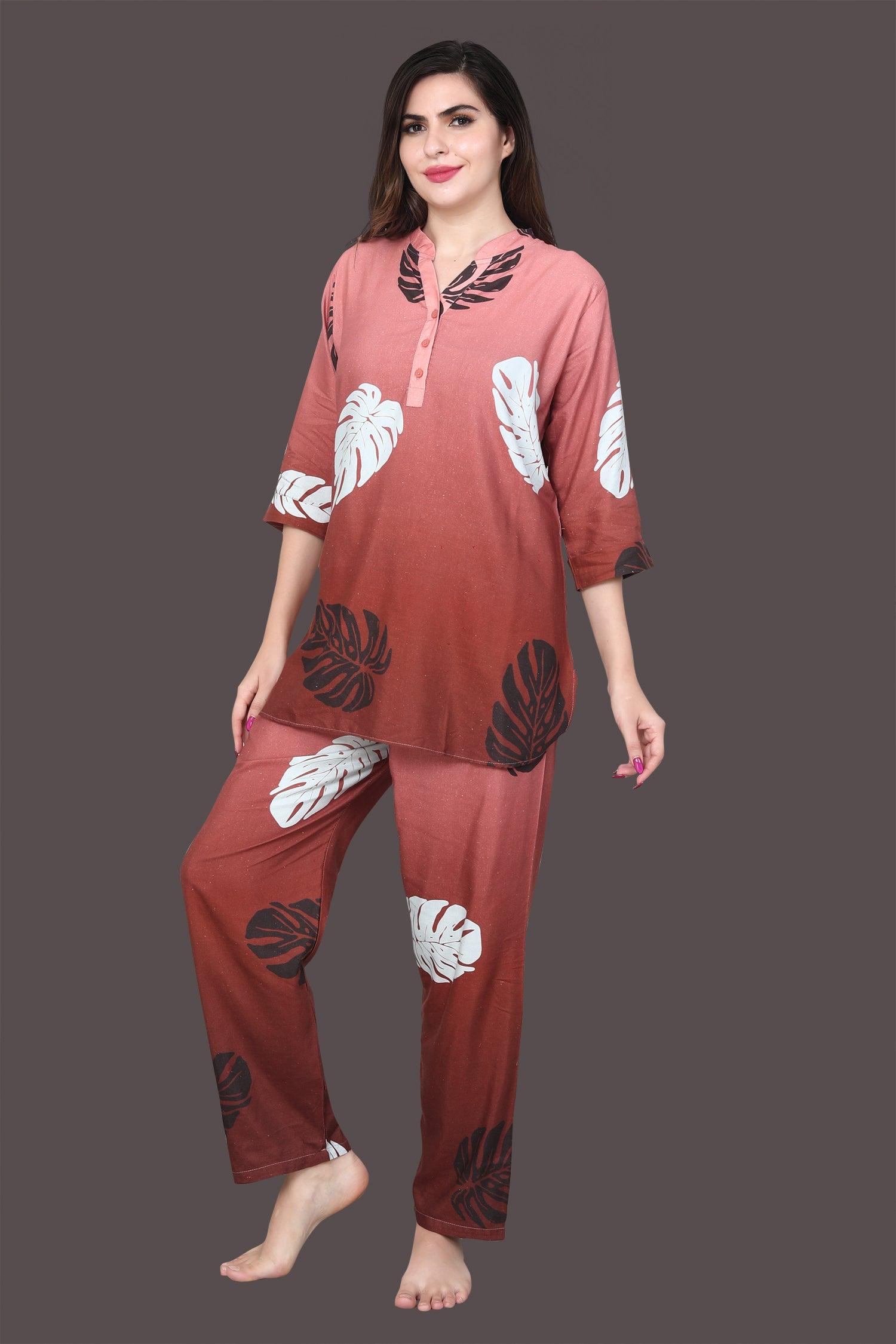 Velure Ethnic Leaf Print Kurti Style Night Suit - Velure - Long Top and Pant - 3/4 Sleeves, Collar Neck, Full Length Pant, Linen, Printed