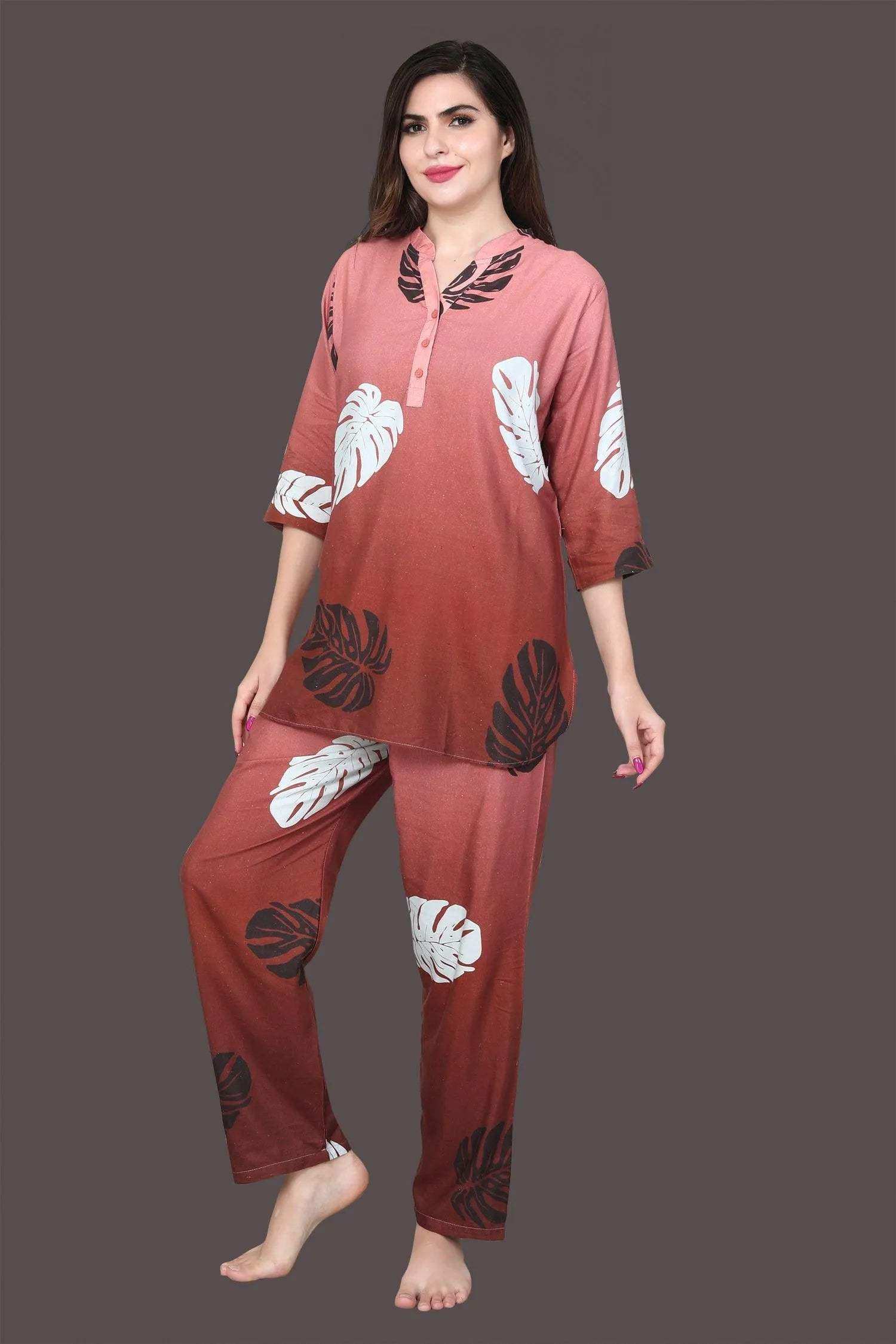 Velure Ethnic Leaf Print Kurti Style Night Suit - Velure - - 3/4 Sleeves, Collar Neck, Full Length Pant, Linen, Printed