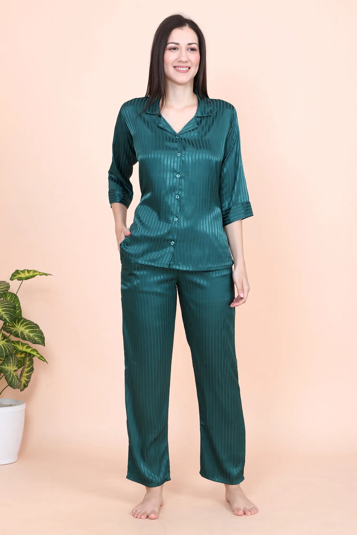 Velure Green Casual Stripes Satin Night Suit - Velure - - 3/4 Sleeves, Collar Neck, Front Button Open, Full Length Pant, Printed, Satin