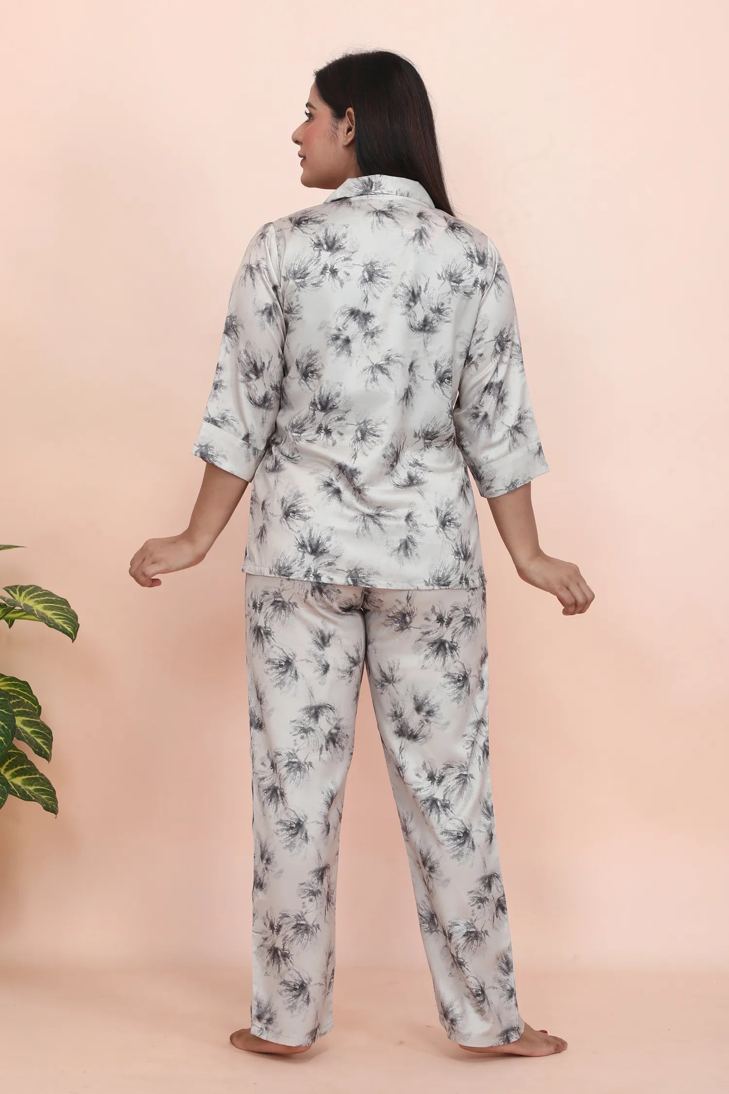 Velure Delightful Floral Print Satin Night Suit - Velure - - 3/4 Sleeves, Collar Neck, Floral Print, Front Button Open, Full Length Pant, Satin