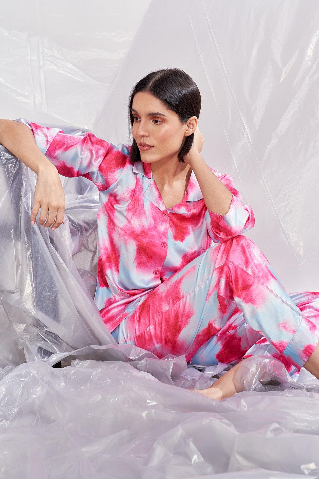 Velure Tie Dye Pink Satin Co-ord Set - Velure - Shirt and Pant - Collar Neck, Front Button Open, Full Length Pants, Satin