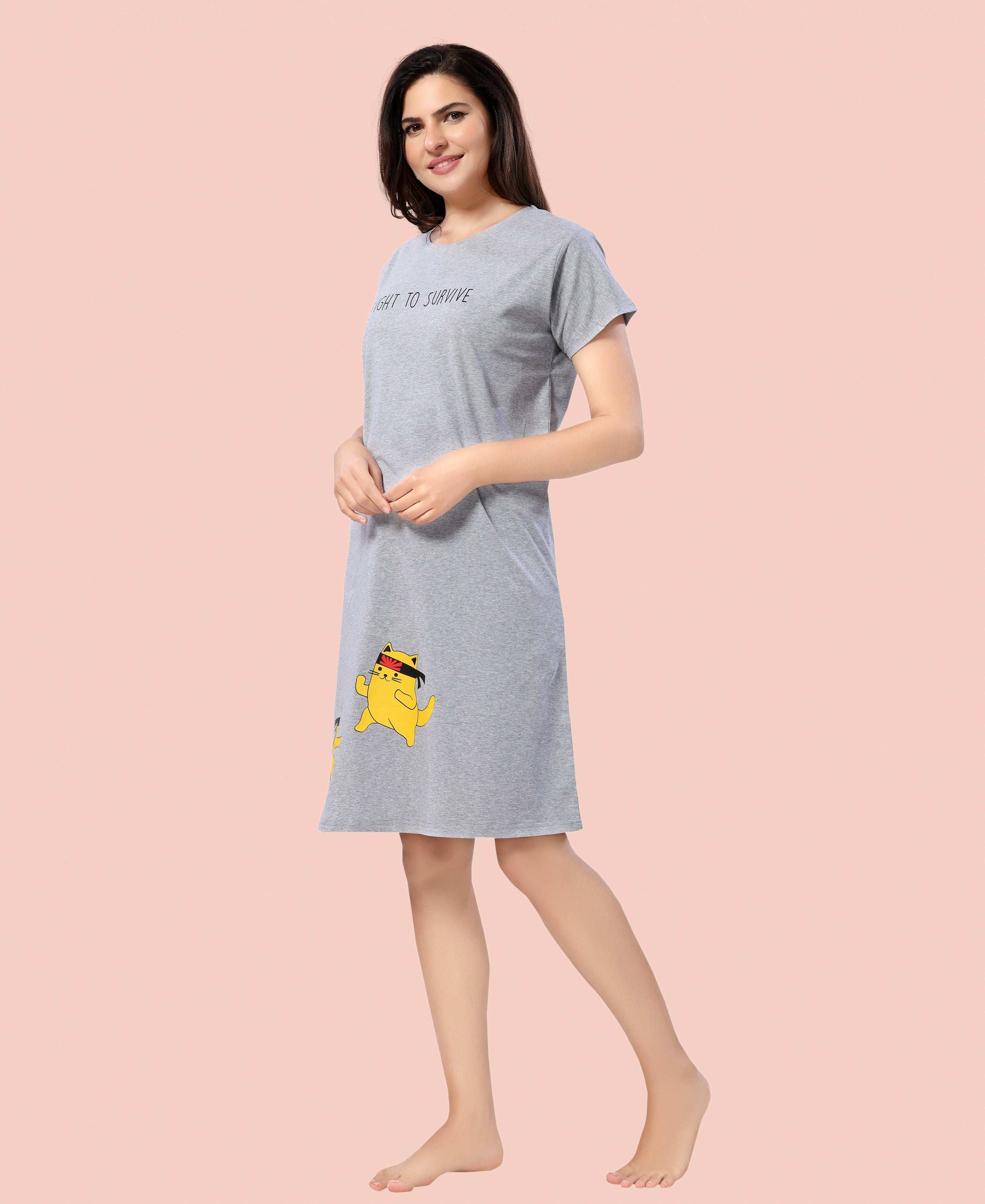 Velure Cheerful Short Nighty - Velure - - Cotton, Half Sleeves, Knee Length, Printed, Round neck
