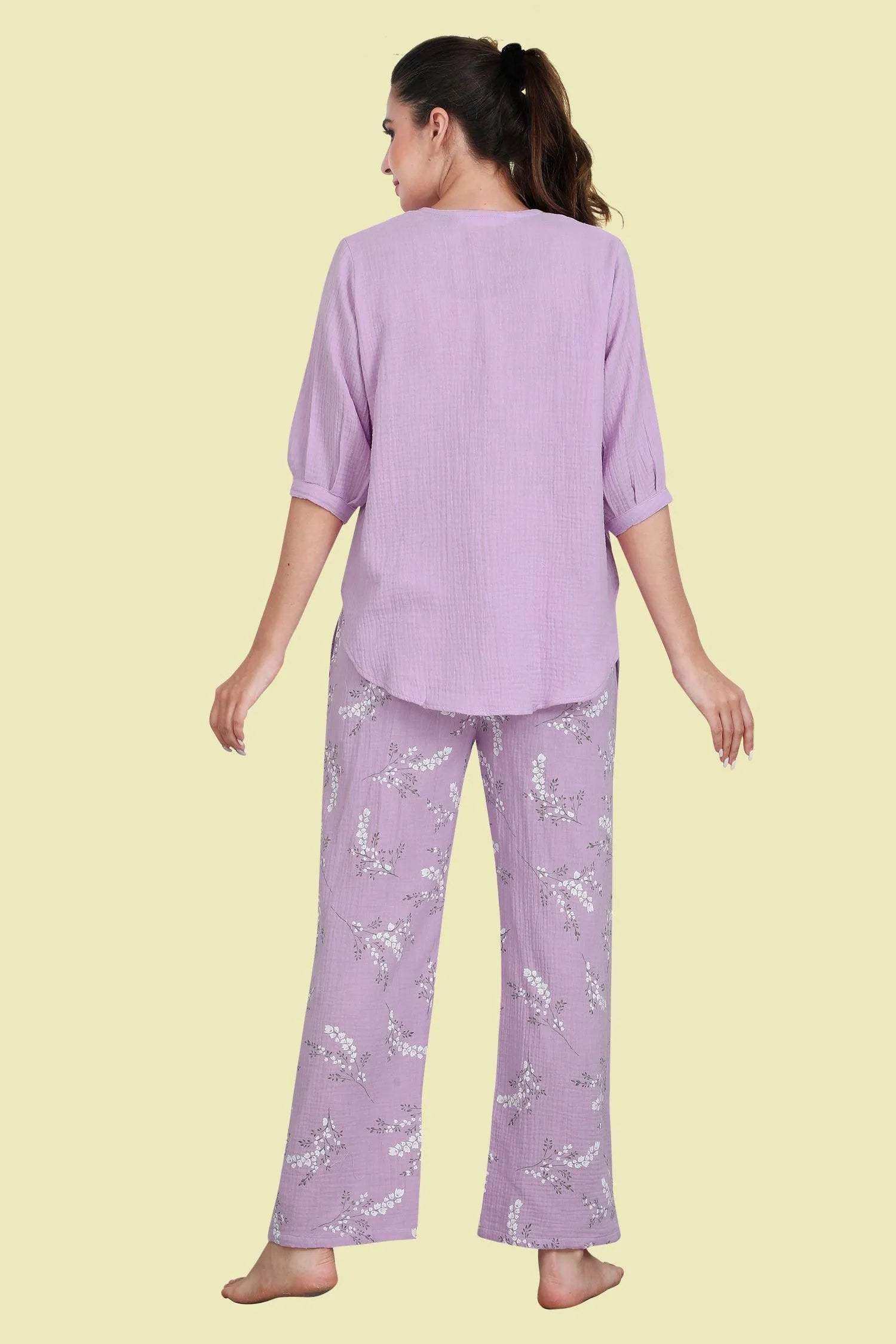 Velure Purple Floral Print Night Suit - Velure - - 3/4 Sleeves, Floral Print, Full Length Pant, Linen