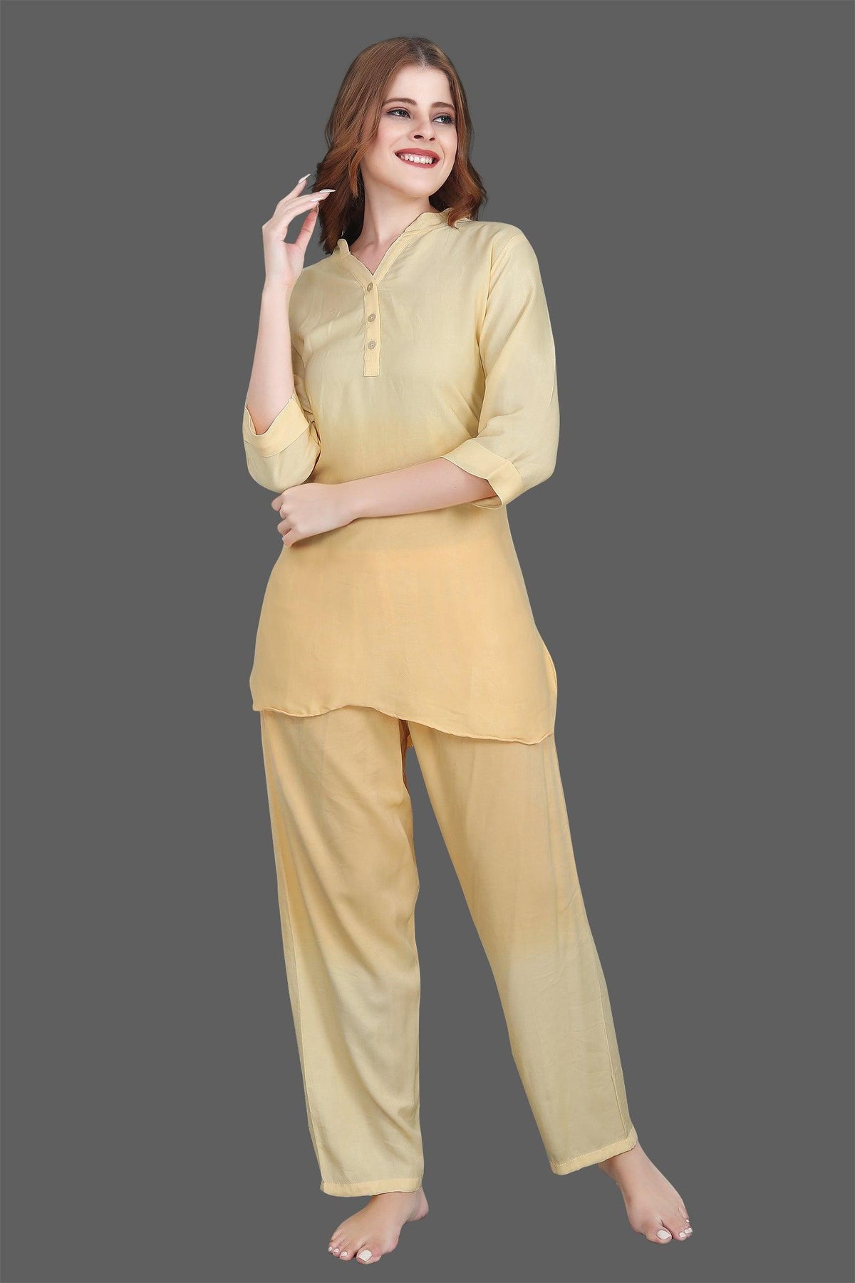 Velure Yellow Dual Shade Kurti Style Night Suit - Velure - Long Top and Pant - 3/4 Sleeves, Collar Neck, Cotton, Full Length Pant