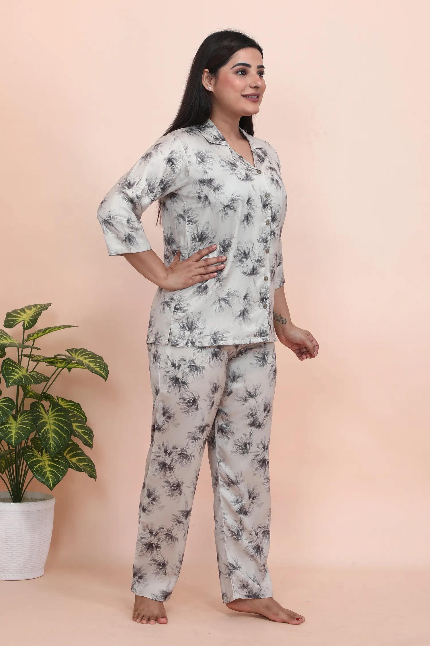 Velure Delightful Floral Print Satin Night Suit - Velure - - 3/4 Sleeves, Collar Neck, Floral Print, Front Button Open, Full Length Pant, Satin