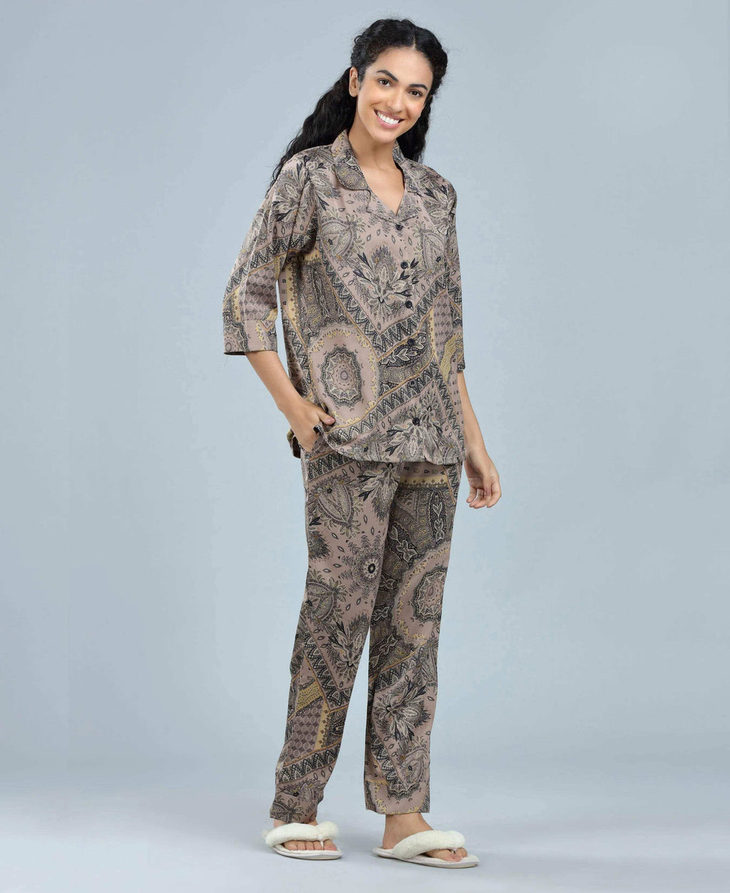 Velure Versatile Paisley Print Satin Night Suit - Velure - - 3/4 Sleeves, Abstract Print, Collar Neck, Front Button Open, Full Length Pant, Satin