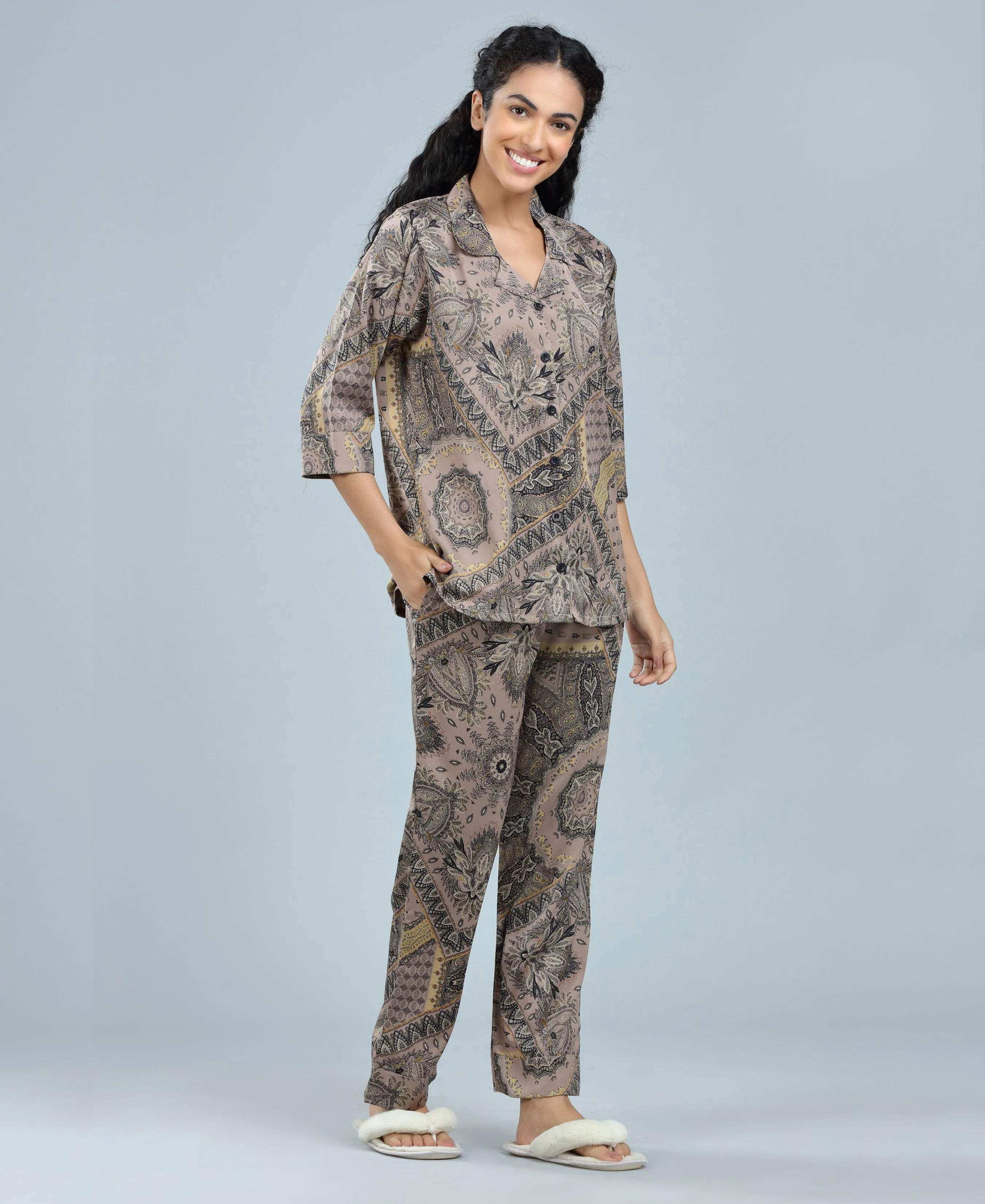 Velure Versatile Paisley Print Satin Night Suit - Velure - - 3/4 Sleeves, Abstract Print, Collar Neck, Front Button Open, Full Length Pant, Satin
