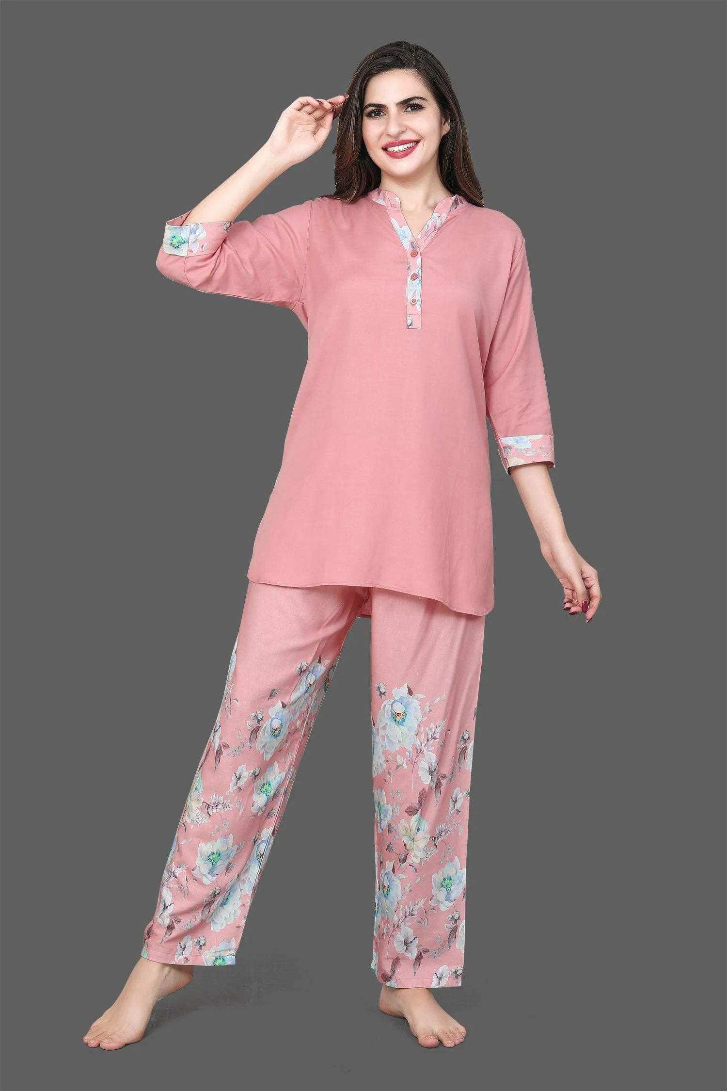 Velure Embellished Floral Print Kurti Style Night Suit - Velure - - 3/4 Sleeves, Collar Neck, Full Length Pant, Linen, Printed