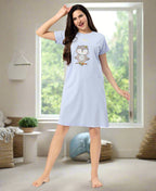 Velure Sleepy Owl Short Nighty - Velure - - Cotton, Half Sleeves, Knee Length, Printed, Round neck