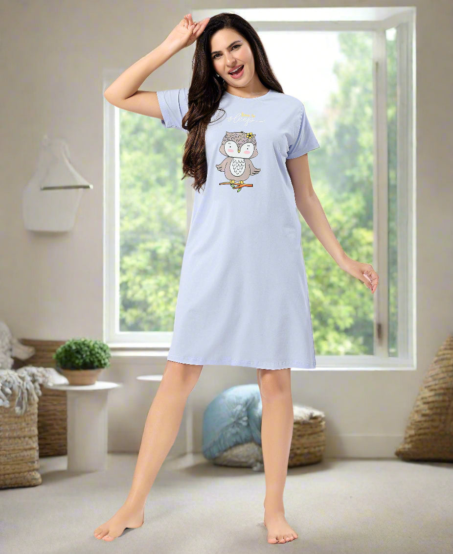 Velure Sleepy Owl Short Nighty - Velure - - Cotton, Half Sleeves, Knee Length, Printed, Round neck