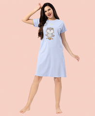 Velure Sleepy Owl Short Nighty - Velure - - Cotton, Half Sleeves, Knee Length, Printed, Round neck
