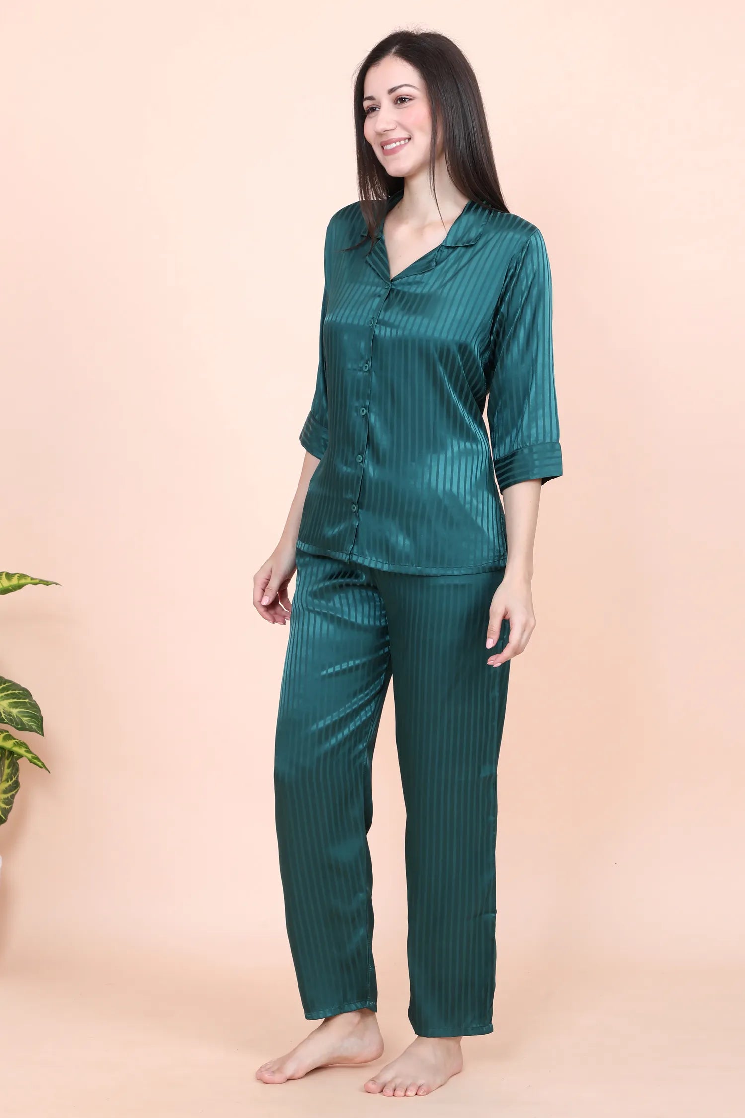 Velure Green Casual Stripes Satin Night Suit - Velure - - 3/4 Sleeves, Collar Neck, Front Button Open, Full Length Pant, Printed, Satin