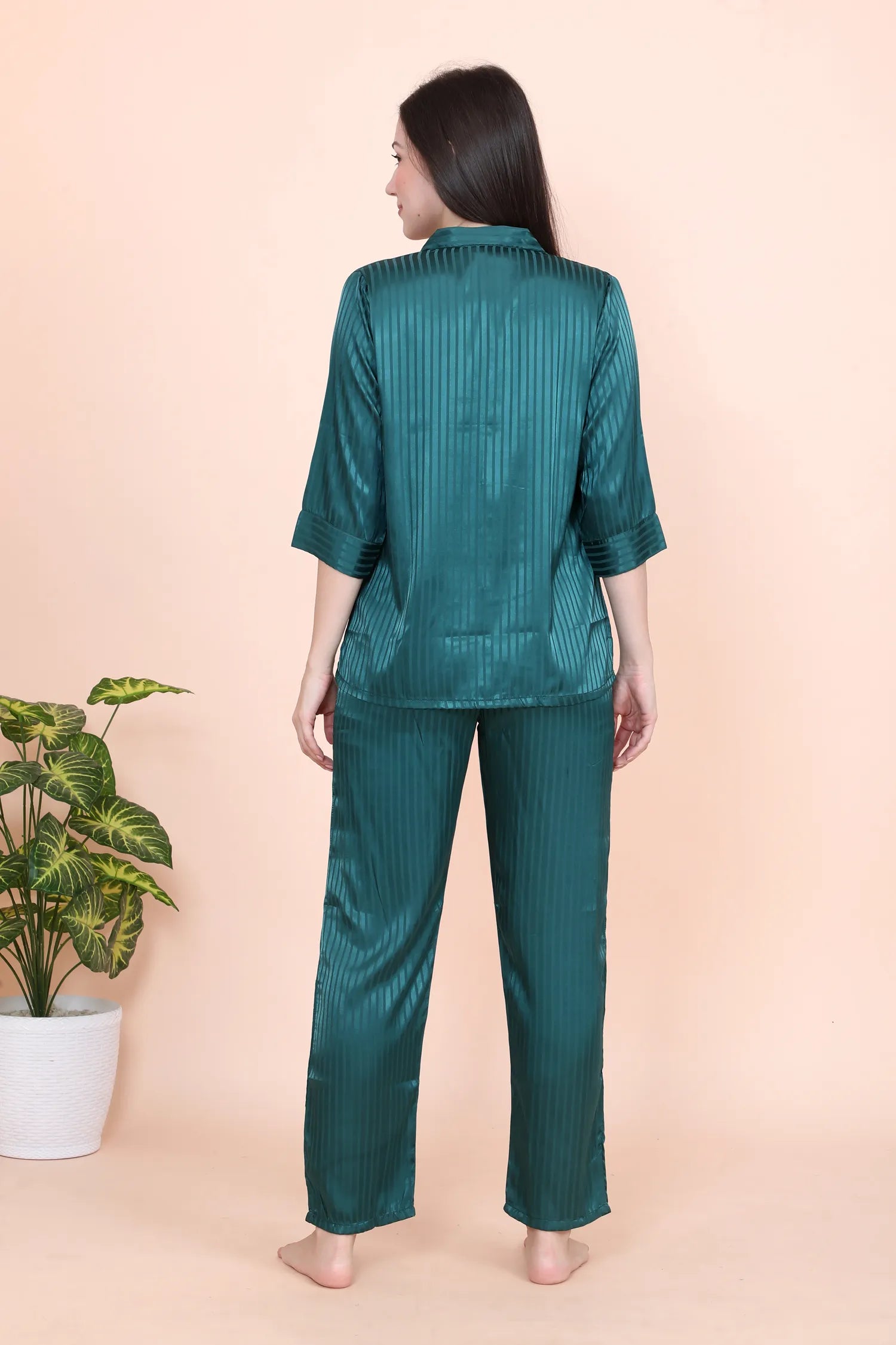 Velure Green Casual Stripes Satin Night Suit - Velure - - 3/4 Sleeves, Collar Neck, Front Button Open, Full Length Pant, Printed, Satin
