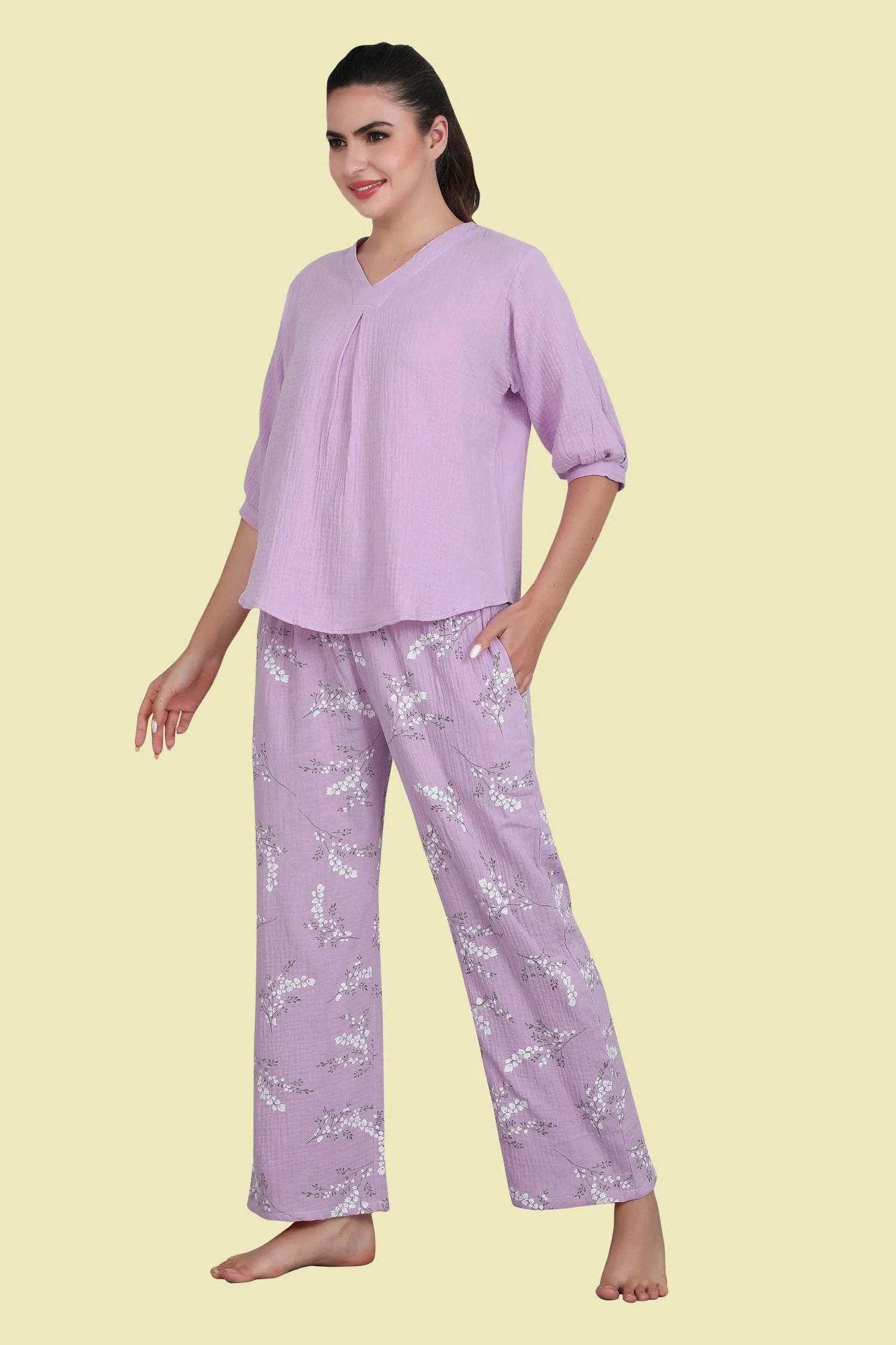 Velure Purple Floral Print Night Suit - Velure - - 3/4 Sleeves, Floral Print, Full Length Pant, Linen