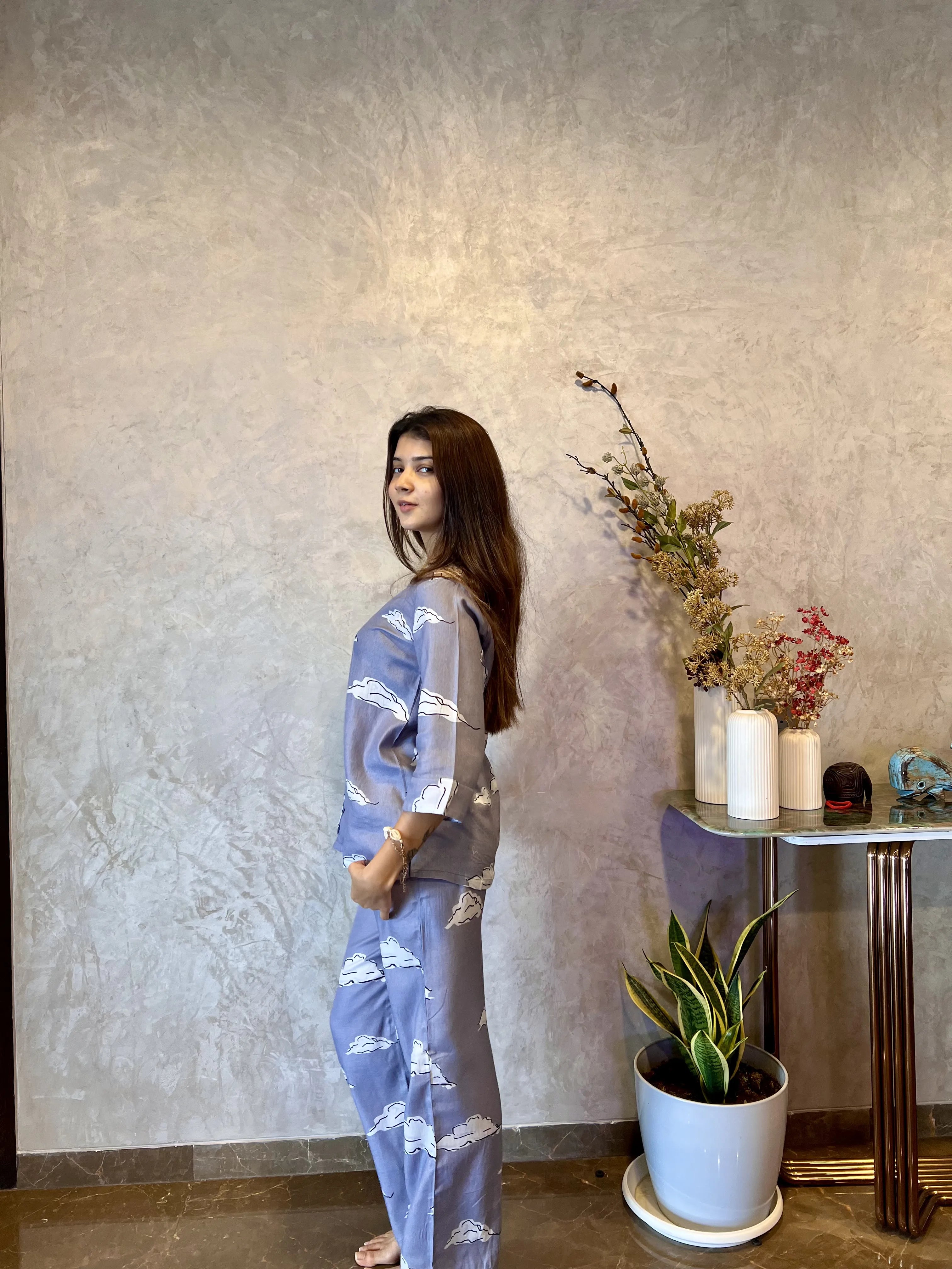 Velure Grey Cloud Print Cotton Night Suit