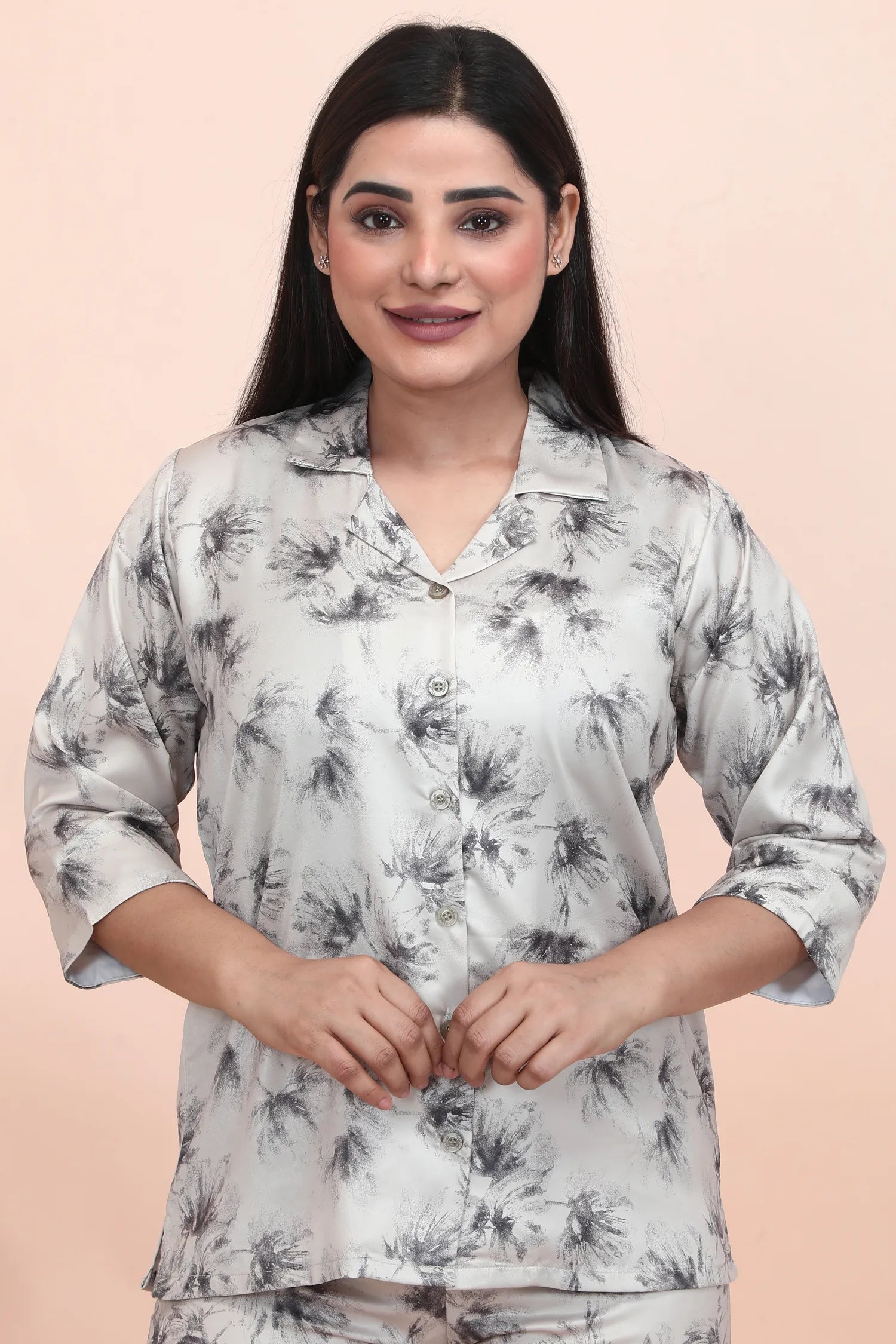Velure Delightful Floral Print Satin Night Suit - Velure - - 3/4 Sleeves, Collar Neck, Floral Print, Front Button Open, Full Length Pant, Satin