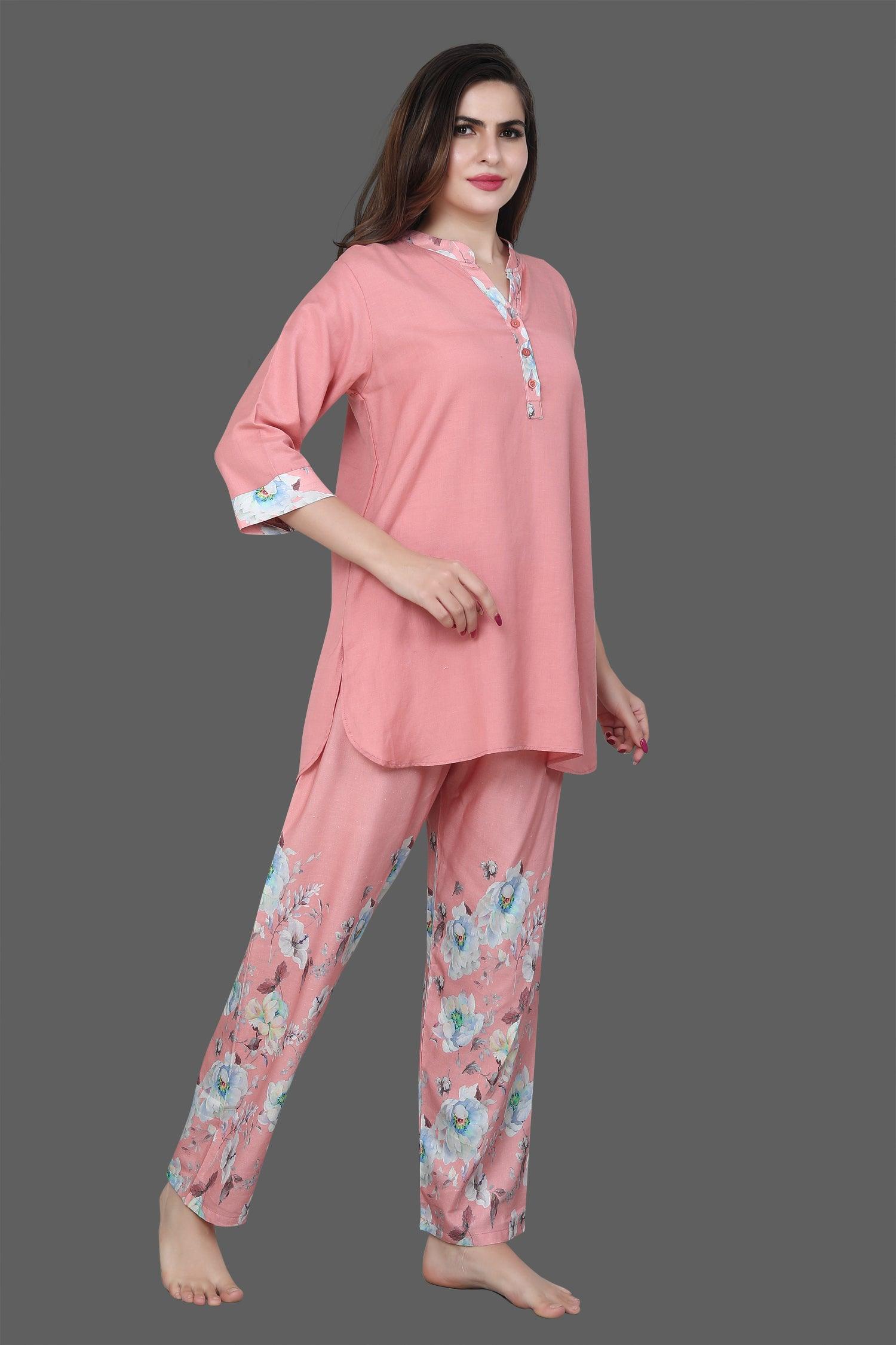 Velure Embellished Floral Print Kurti Style Night Suit - Velure - Long Top and Pant - 3/4 Sleeves, Collar Neck, Full Length Pant, Linen, Printed