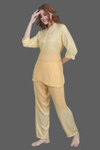 Velure Yellow Dual Shade Kurti Style Night Suit - Velure - - 3/4 Sleeves, Collar Neck, Cotton, Full Length Pant