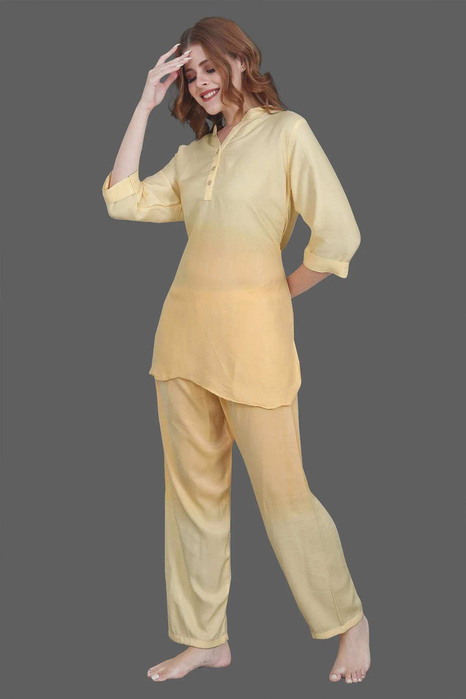 Velure Yellow Dual Shade Kurti Style Night Suit - Velure - - 3/4 Sleeves, Collar Neck, Cotton, Full Length Pant